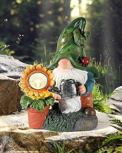 iStatue Gnomos de jardín - Luz solar para exteriores, estatua de figura de resina con regadera LED de girasol, decoración de patio para césped,