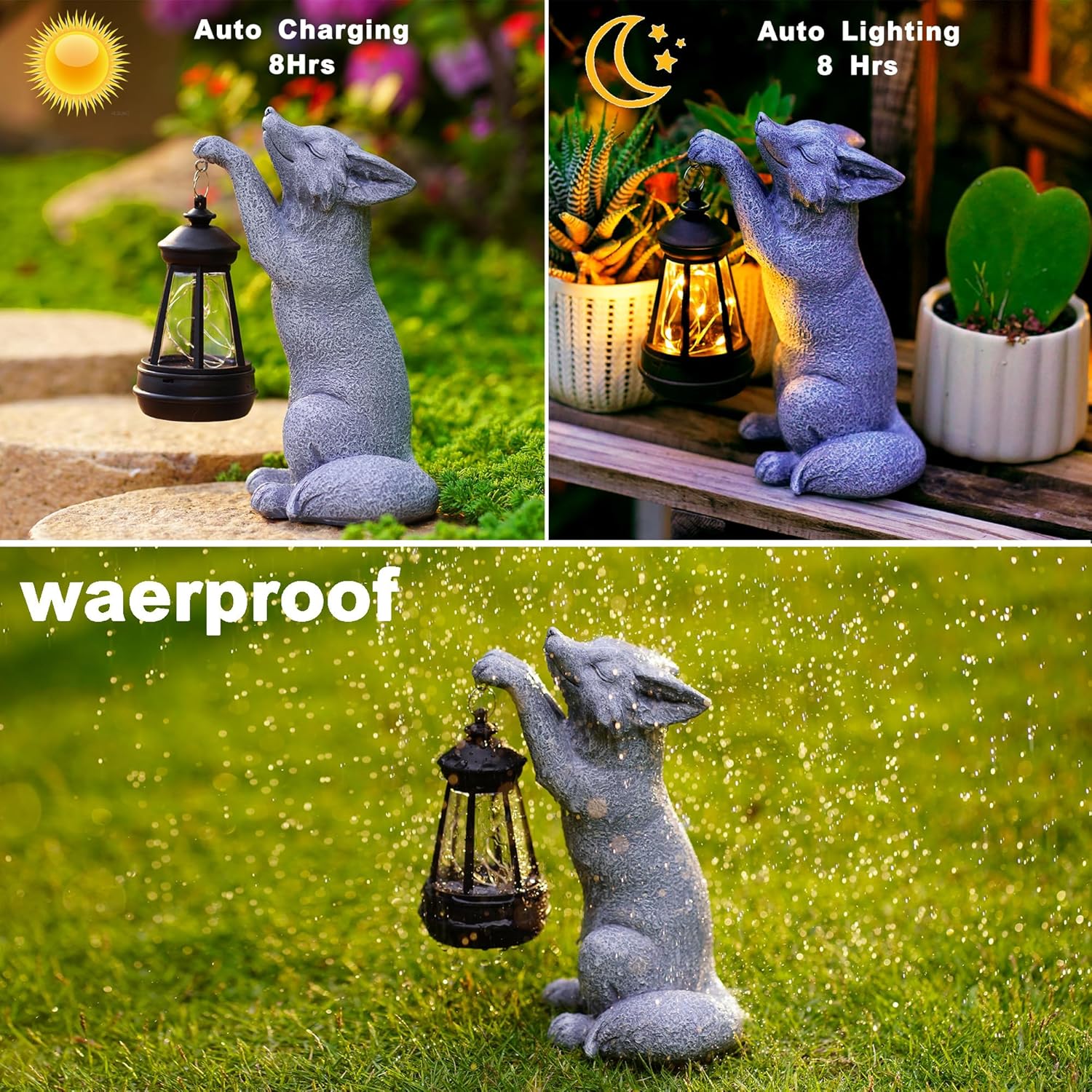 Fox Statue for Garden Decor, Garden Statue with Solar Power Light for Outdoor Patio Porch Lawn Yard Backyard Oudside Indoor Shelf Decoration,Praying Fox Sculptures Decorations to Wow Your Guests