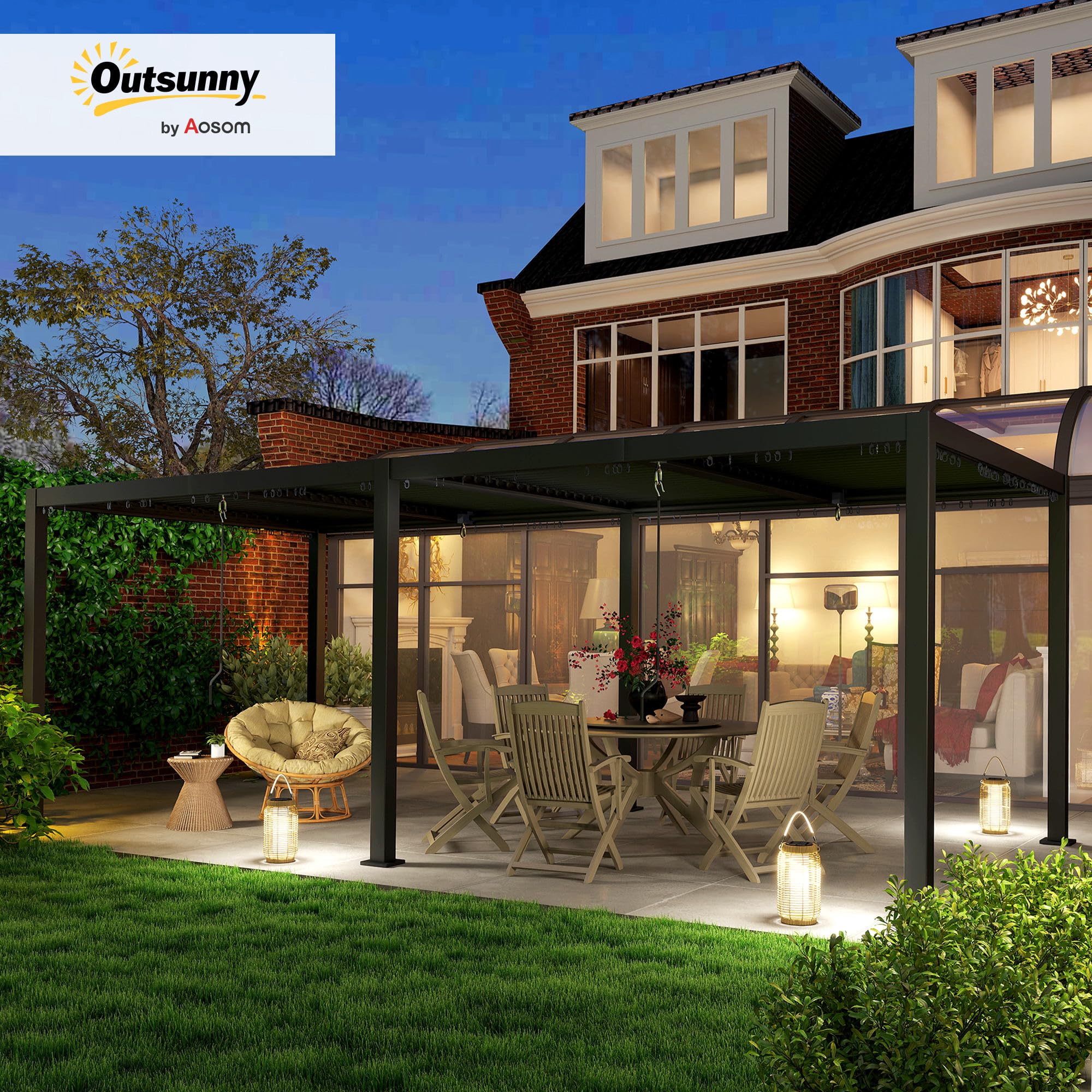 Outsunny Pergola bioclimatique 3 x 6 m, pergola Jardin extérieur avec persiennes manivelle Toit réglable en Aluminium et Crochets, tonnelle de Jardin, terrasse, Patio, Gris foncé