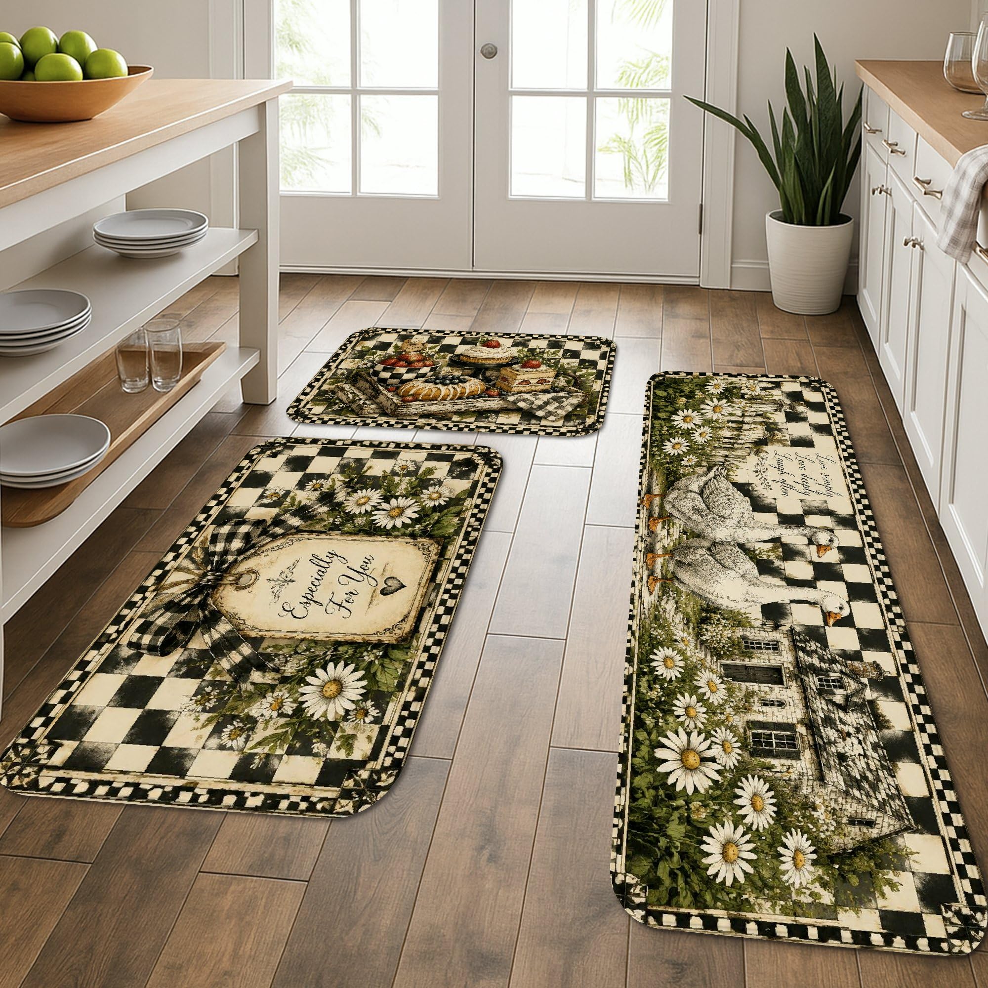 Tapis de cuisine vintage à carreaux au design soigné et confort haut de gamme pour évier