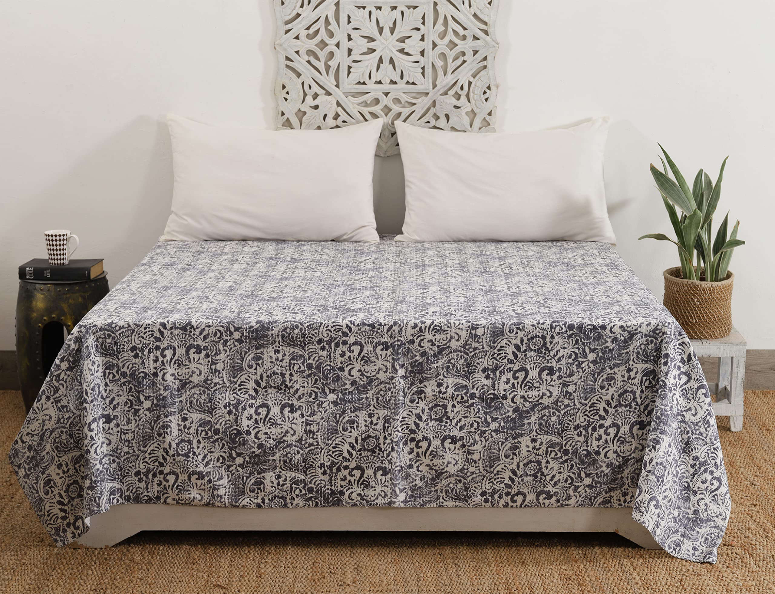 Ravaiyaa - Attitude is everything Cotton Hand Kantha Quilted Quilt Bedspread Gudari Floral Design Bedding Quilt Double Bed Cover Comforter Ralli (Grey)-image-34