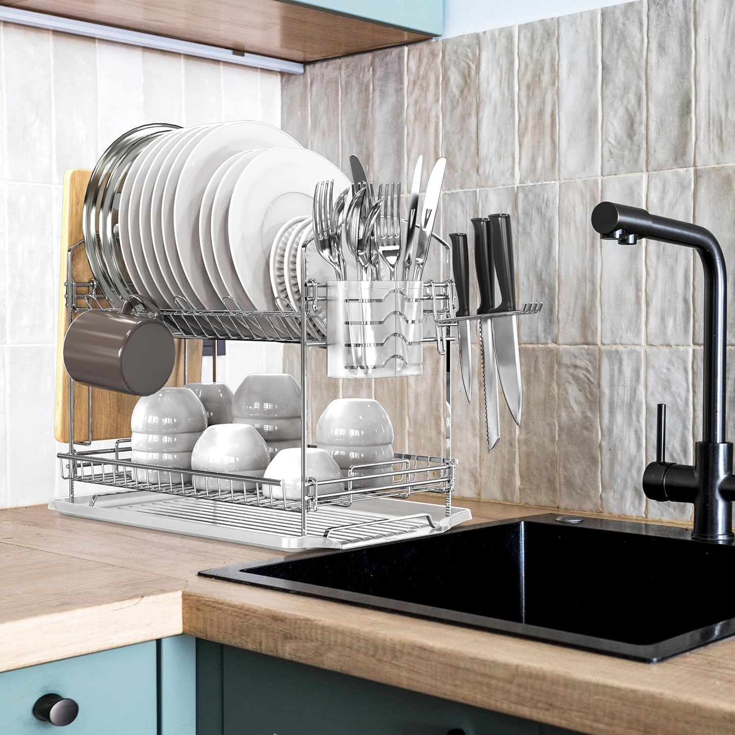 Simple Houseware 2-Tier Stainless Steel Dish Rack with Drainboard, Chrome for Kitchen