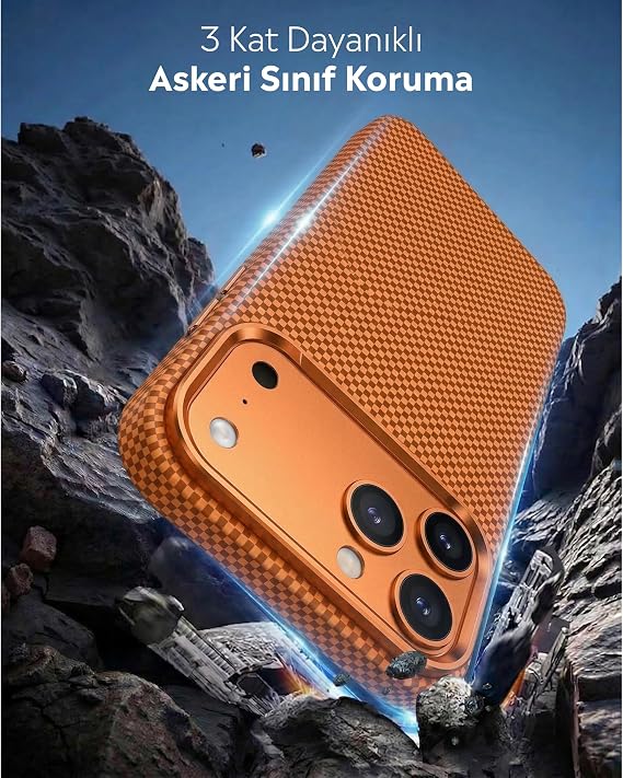 Babilden iPhone 17 Pro Max İçin Kılıf Magsafe İle Uyumlu Kablosuz Şarj Destekli Karbon Fiber ArmorAir Şok Emici Darbe Korumalı Kapak Kesik Kenarlı Desenli Telefon Kılıfı (Turuncu)