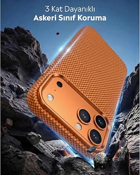 Babilden iPhone 17 Pro Max İçin Kılıf Magsafe İle Uyumlu Kablosuz Şarj Destekli Karbon Fiber ArmorAir Şok Emici Darbe Korumalı Kapak Kesik Kenarlı Desenli Telefon Kılıfı (Turuncu)