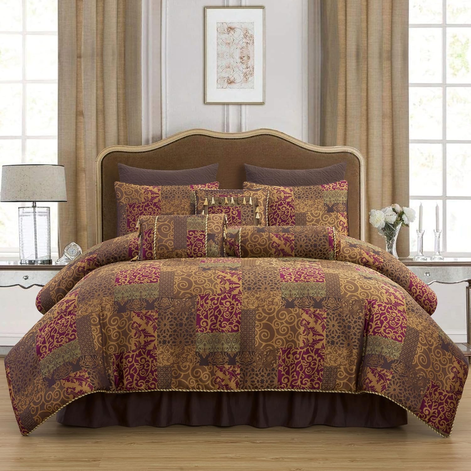Chezmoi Collection Amelia 9-Piece Floral Jacquard Patchwork Comforter Set, California King, Multicolor