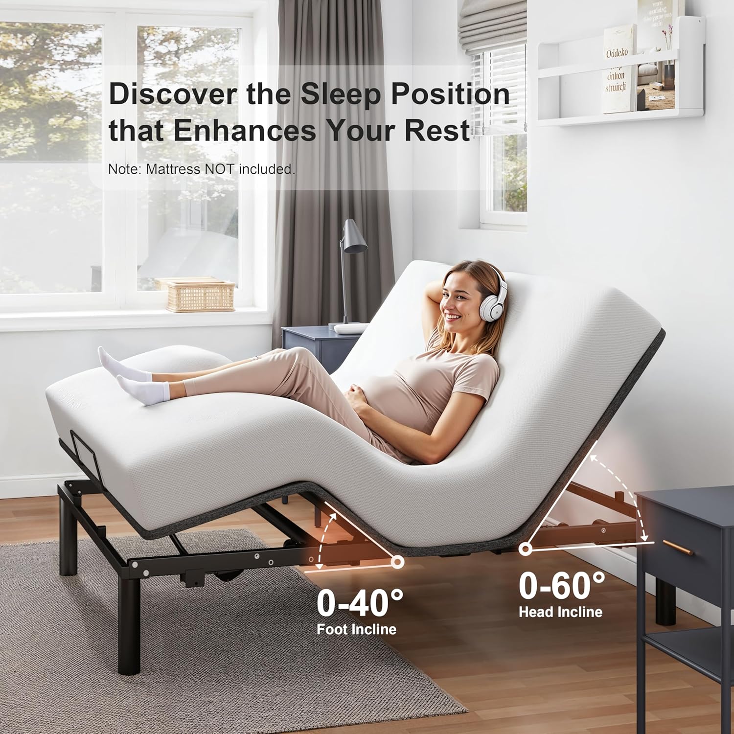 A woman relaxing on an adjustable bed, illustrating the 0-60 degree head incline and 0-40 degree foot incline capabilities.