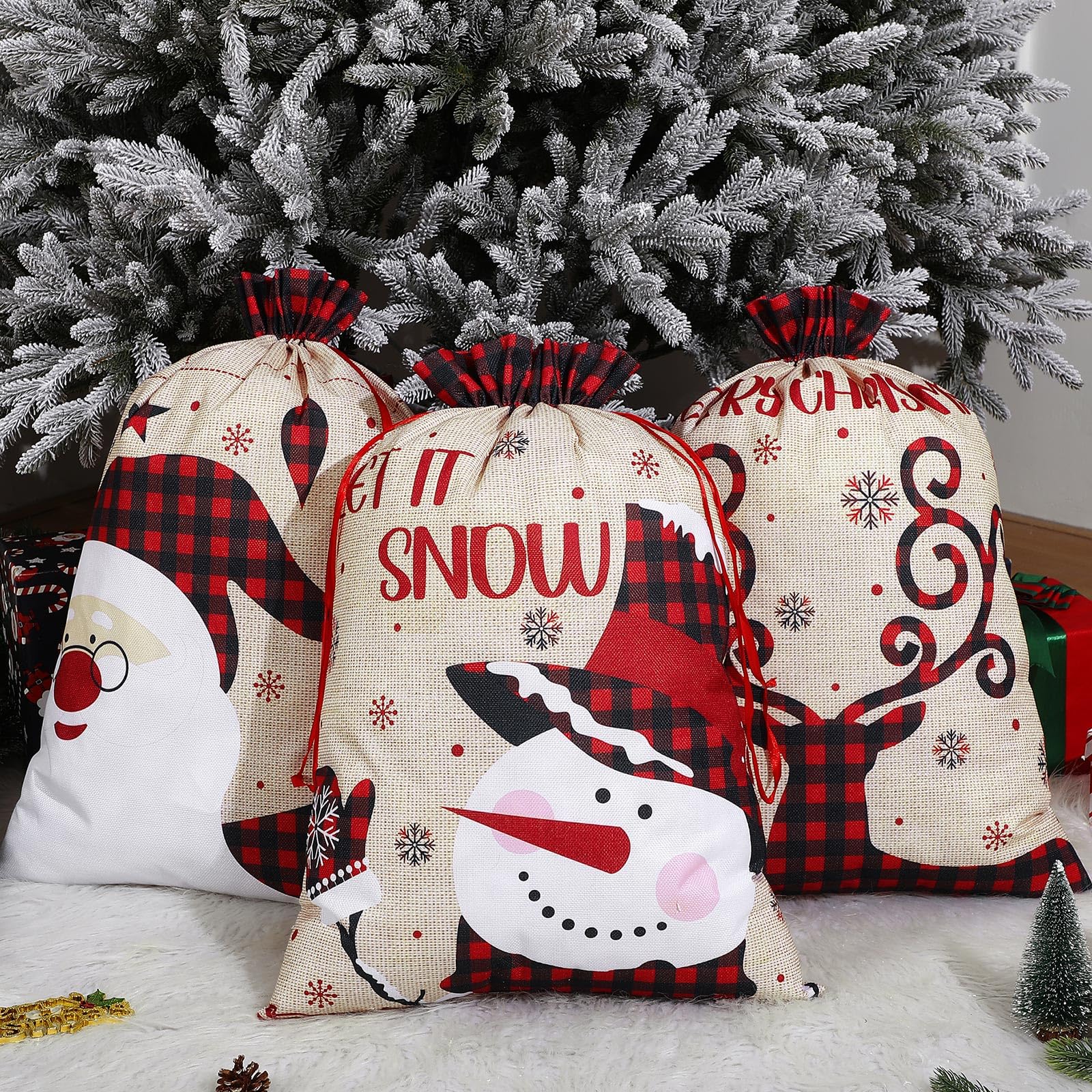 Kajaia Lot de 3 grands sacs cadeaux de Noël avec cordon de serrage, 70 x 50 cm, réutilisables, extra larges en vrac pour emballage cadeau, cadeaux de fête de Noël (style vintage)
