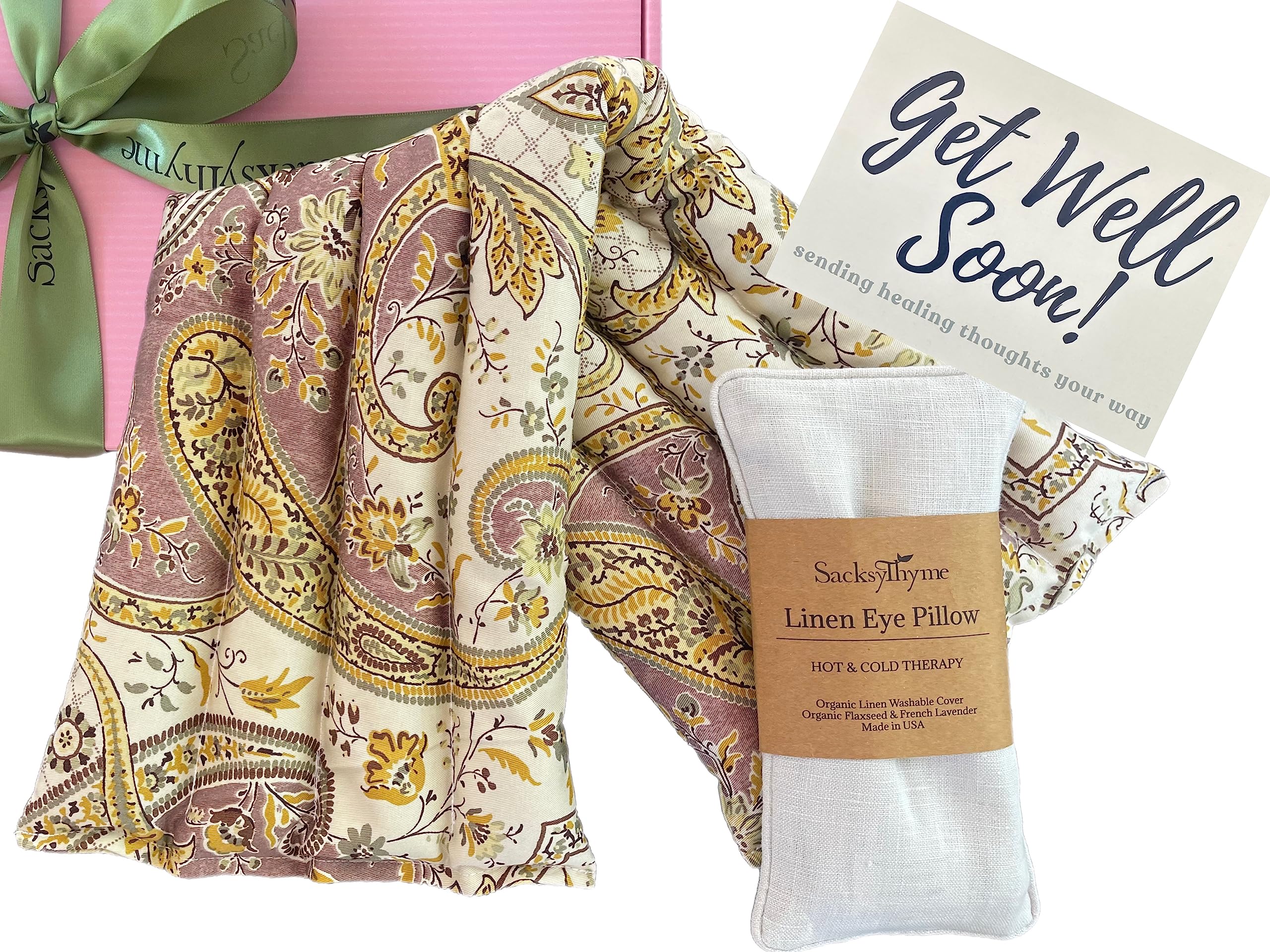 Sacksy ThymeGet Well Soon Gift Set - 2 Piece Set Heating Pad - XL Heating Pad & Linen Eye Pillow - Get Well Gift Boxes for Women, Unique Women's Gift Basket, Card for Personalized Message