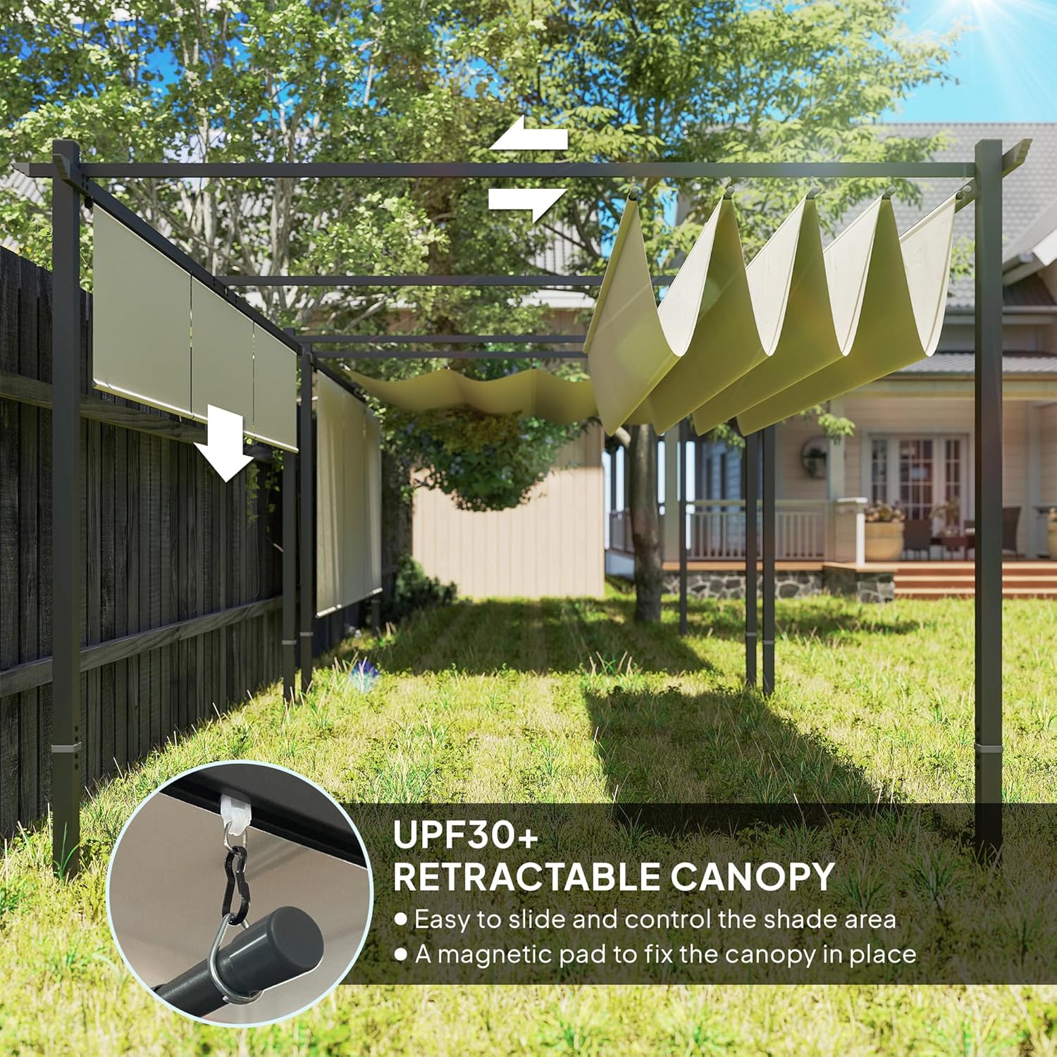 Outsunny 10' x 12' Outdoor Gazebo, Retractable Pergola Canopy with Roller Shade, Wall-Mounted or Free Standing Metal Pergola Kit, UPF30+ Sun Shade Shelter, Beige - Image 3