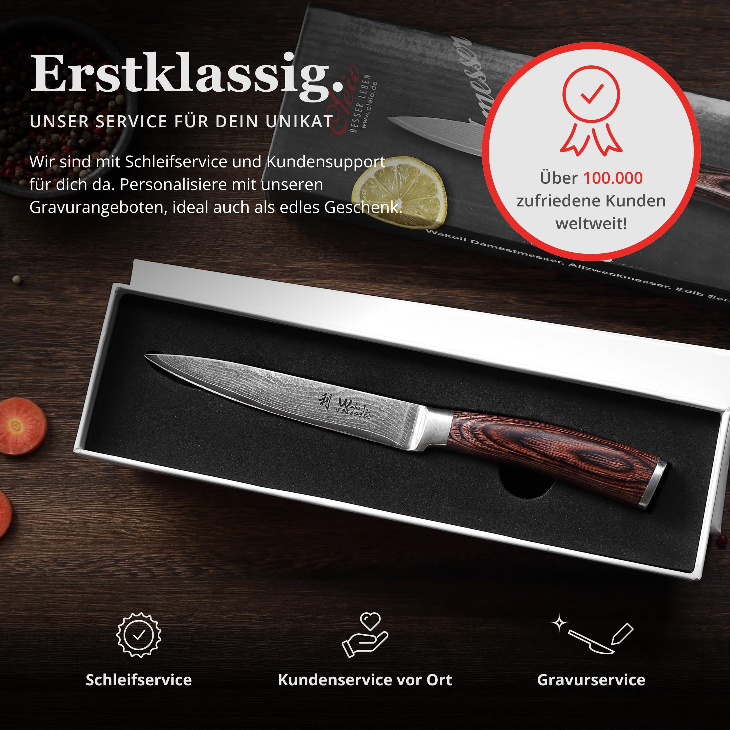 Wakoli EDIB Damast Allzweckmesser mit Gravur – Personalisiertes Messer, 12,5 cm Klinge aus 67 Lagen Damaststahl (VG10-Kern), Pakkaholzgriff – Einzigartiges Küchenmesser Geschenk, Geschenkverpackung