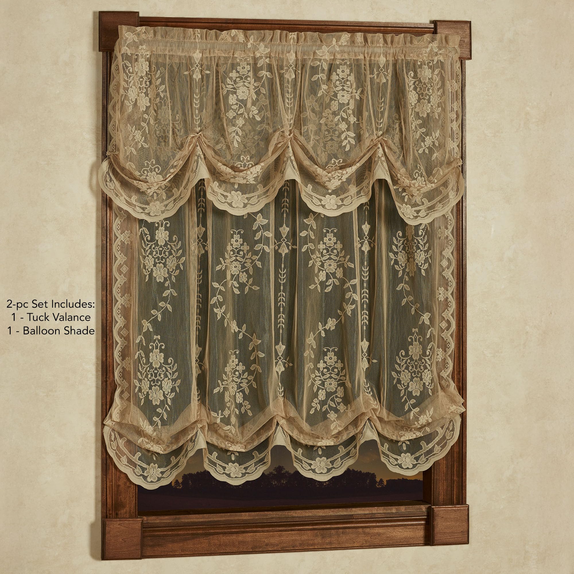 Luxury Sheer Polyester Fiona Lace Window Treatment | Beautiful Balloon Window Shade, Tuck Valance | Timeless Classic Traditional | Antique Gold | Elegance | Rod Pocket | Machine wash Light Filtering