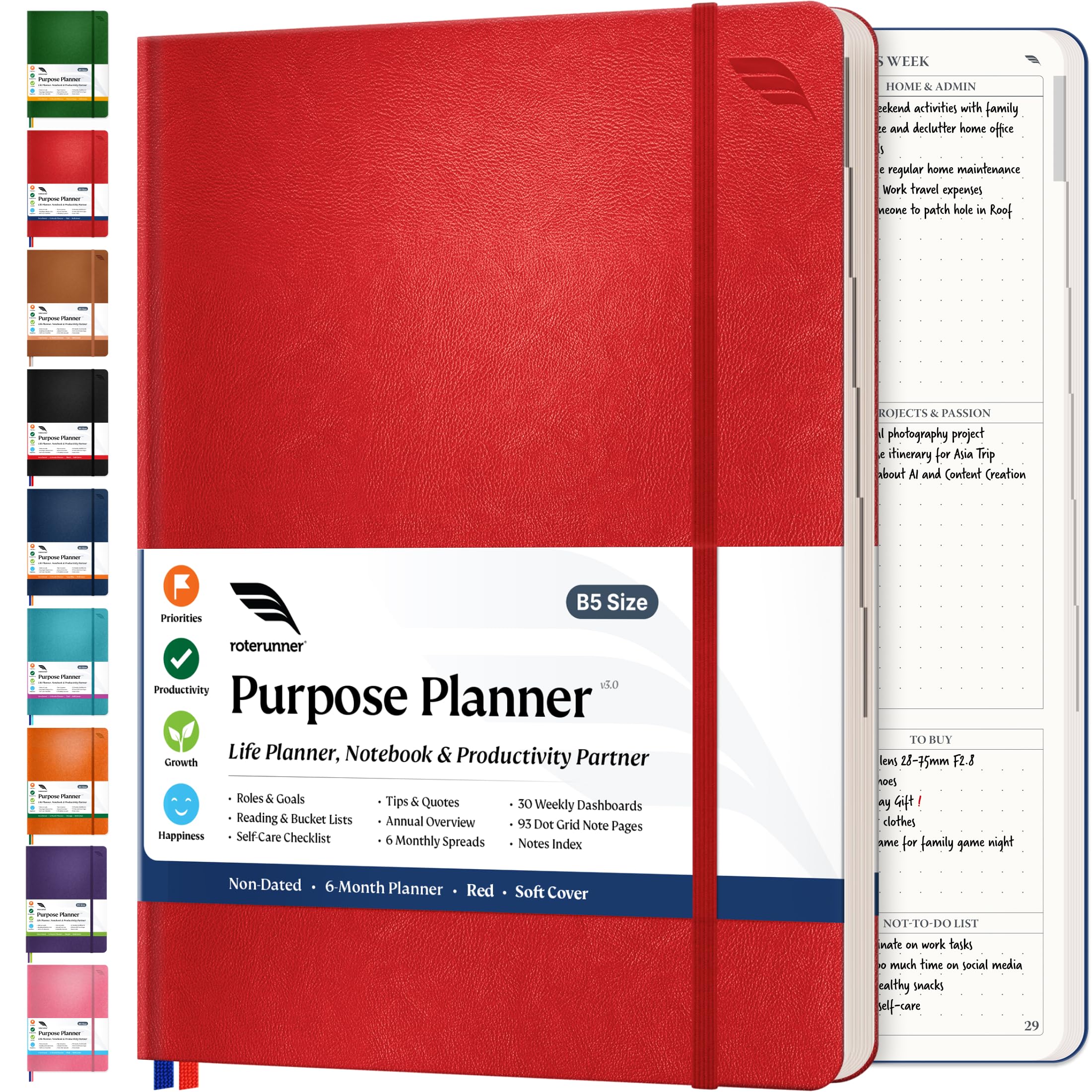 Purpose Planner B5 Undated Monthly Weekly Daily Productivity Journal 2024 Life Health Goal Setting Business Tool for Professionals Moms Academic Student Organizer Notebook (7.5βx9.8β Red Softcover)
