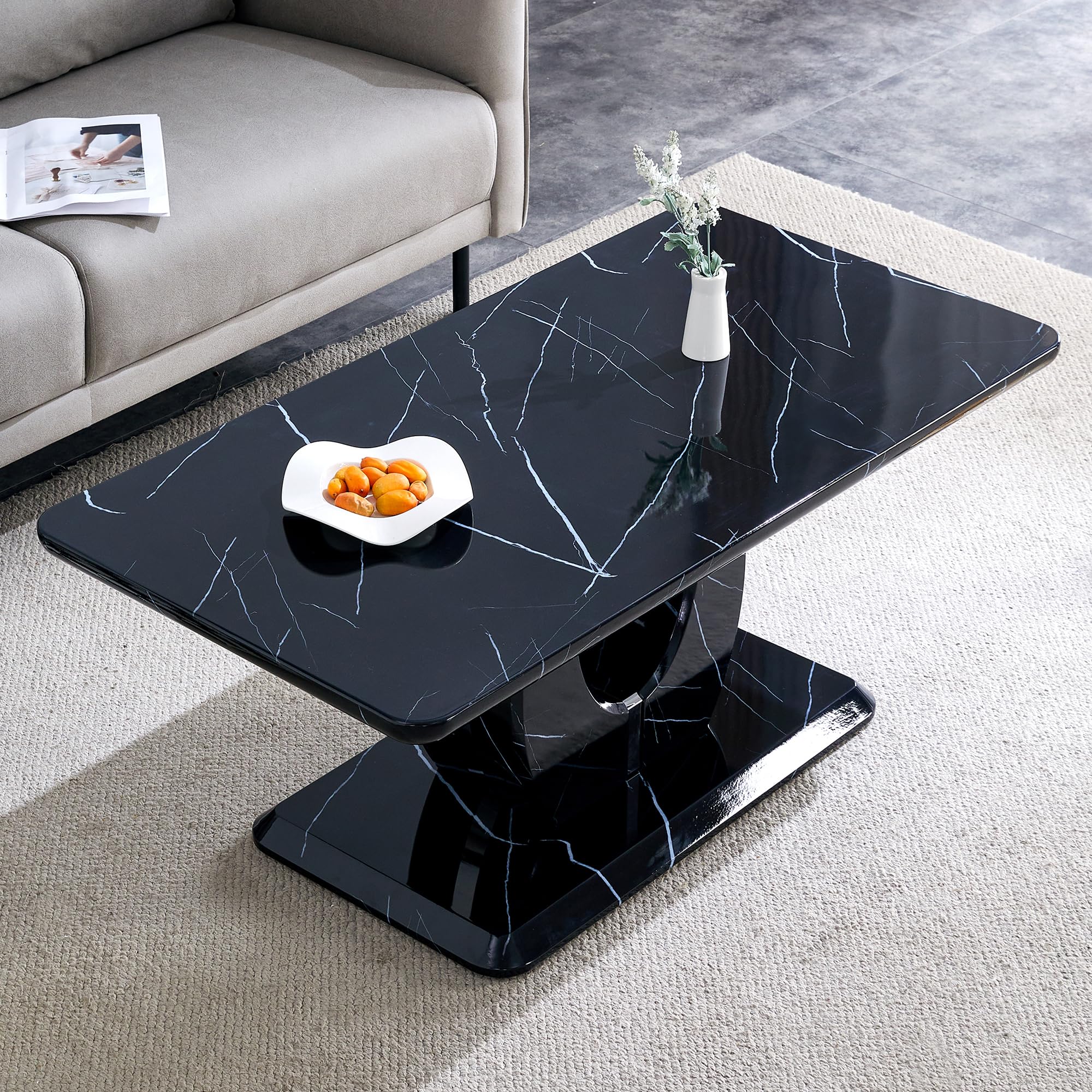 Vohward 43.3 Inch Faux Marble Coffee Table, Large Modern Coffee Tables for Living Room, Rectangular Center Table Tea Table Accent Furniture, Black