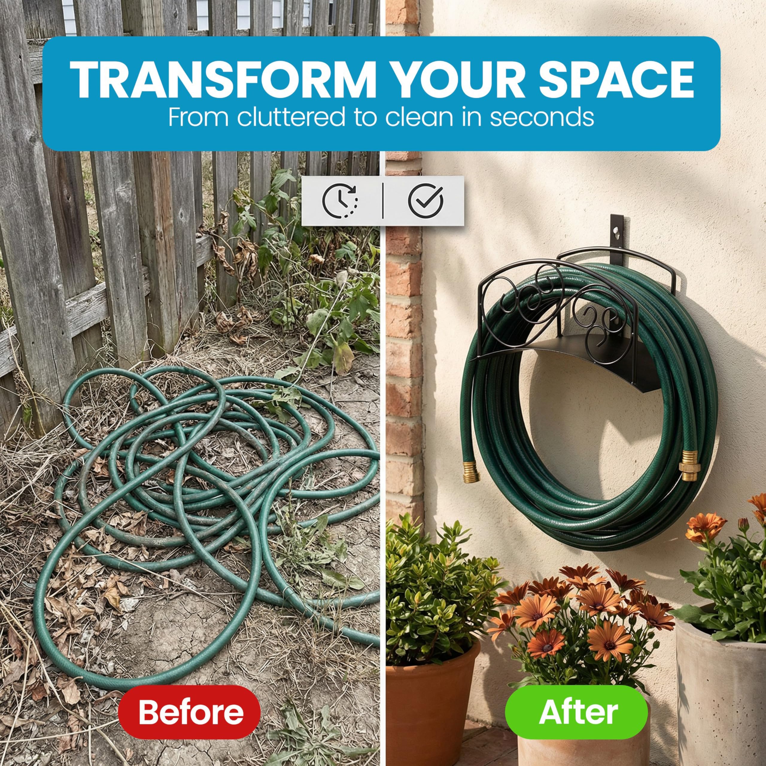 Gardenised Soporte de manguera de metal clásico para montaje en pared, colgador resistente para exteriores y organizador de manguera de agua con ganchos de carrete resistentes y tornillos para patio,