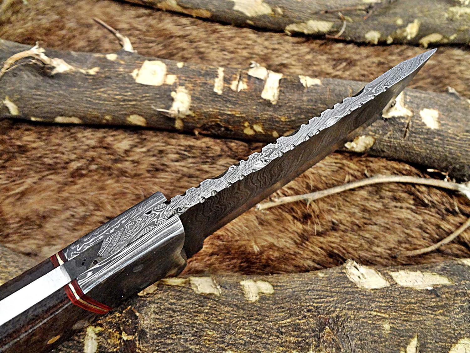 8" Long hand forged Damascus steel full tang Tanto blade custom made hunting Knife, Grey bone with Damascus Bolster, Cow leather sheath