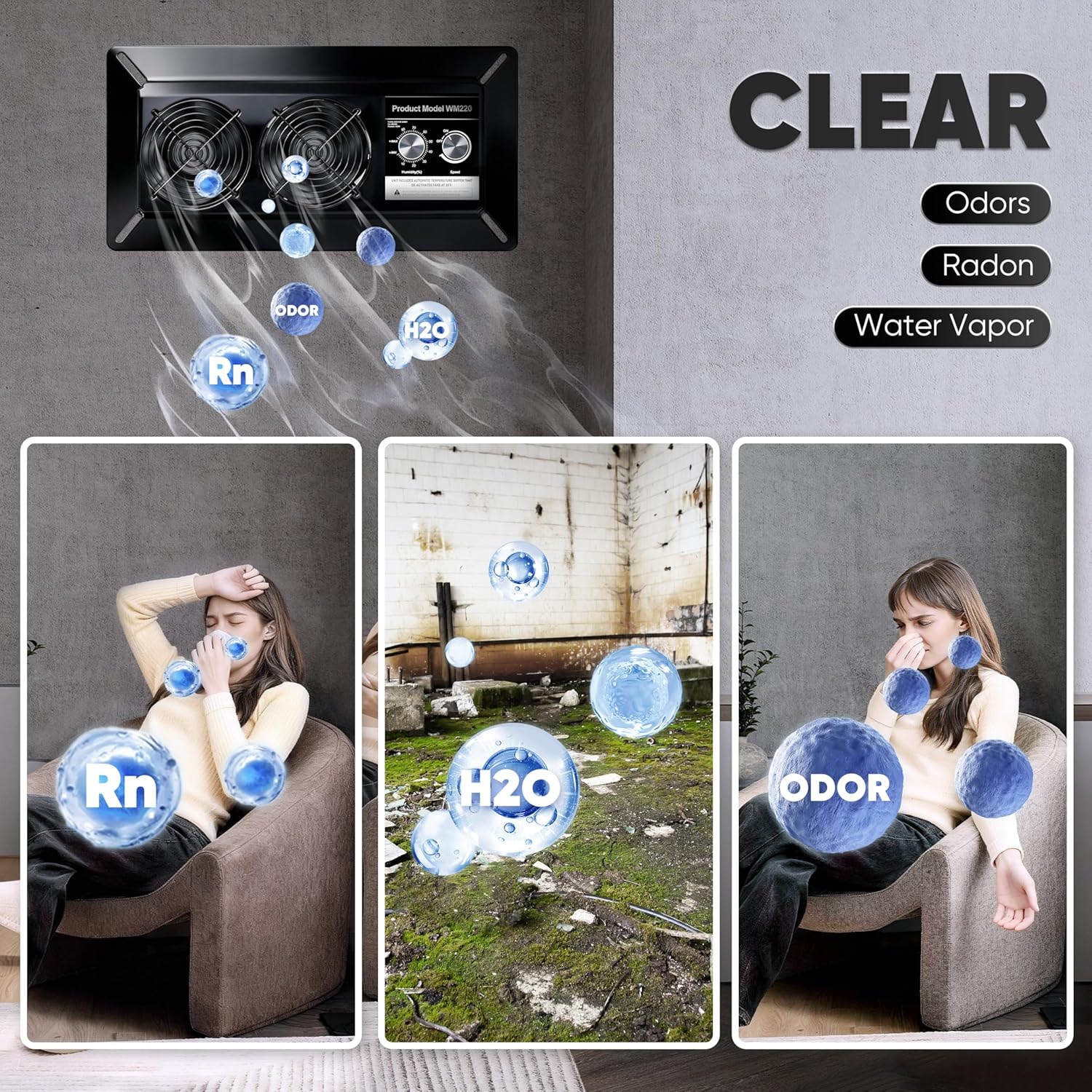 220 CFM Crawl Space Vent Fan with Dehumidistat & Thermostat, Dual Knobs for Speed & Humidity Control, 3000 RPM, Reduces Indoor Radon, Humidity & Odors, High-Efficiency Ventilation