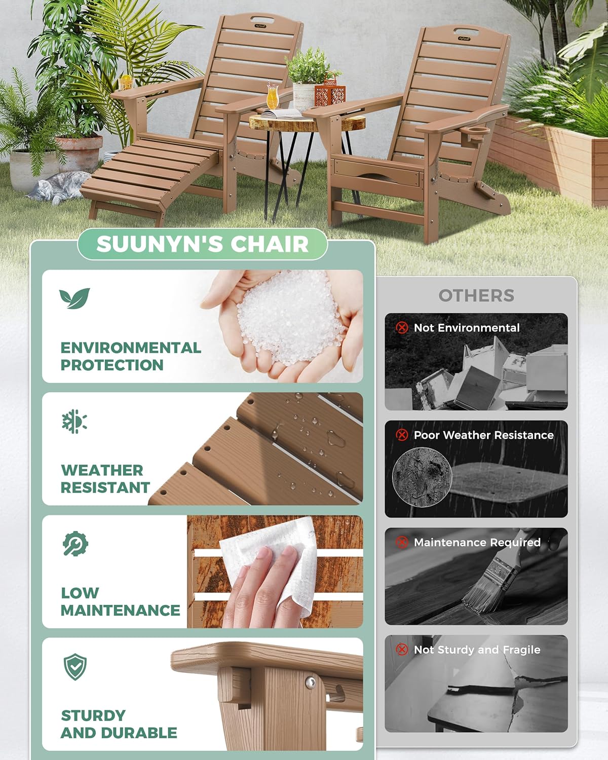 Folding Adirondack Chair with Retractable Ottoman Weather Resistant Fire Pit Chair Patio Chair with 2 Cup Holder Lawn Outdoor Lounge Chair (Teak)