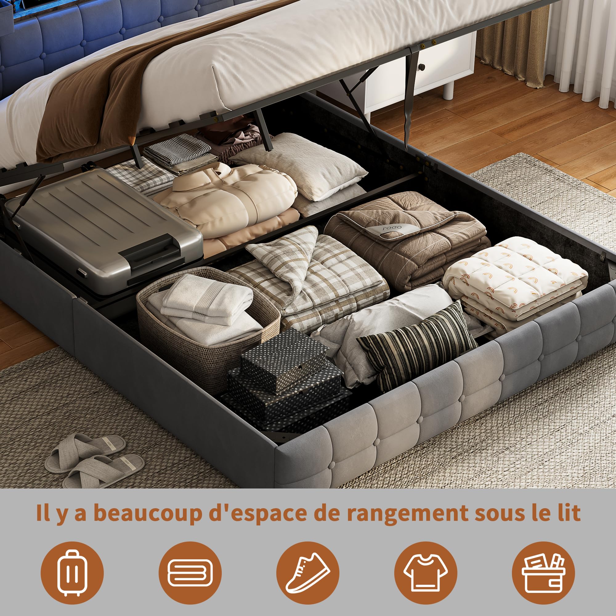 Cama maletero de 160 x 200 cm, LED/USB cama de 2 plazas, cabecera con 2 cajón, aplicable para familias, búsqueda de almacenamiento óptimo, privilegiante ambiente y espacio limitado (gris, 160 x 200 cm