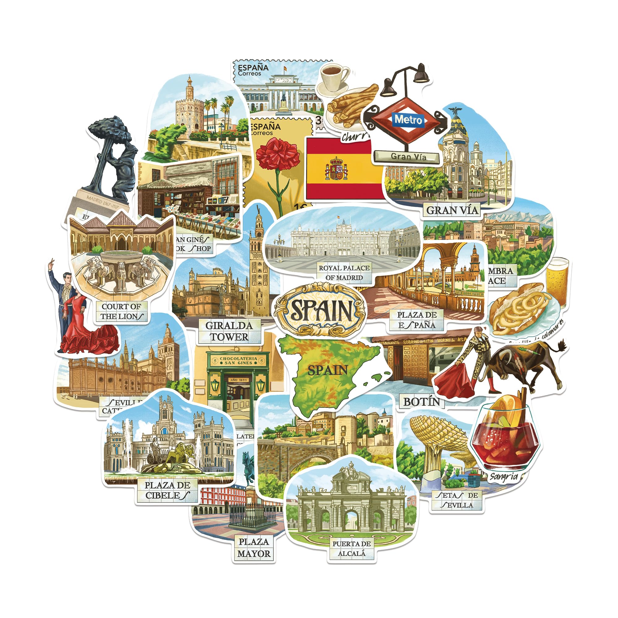 Navy Peony Central-Southern Spain Travel Stickers (28pcs) - Gouache Style, Madrid, Seville-Themed Vacation Decals for Scrapbooks, Journal, Tumbler