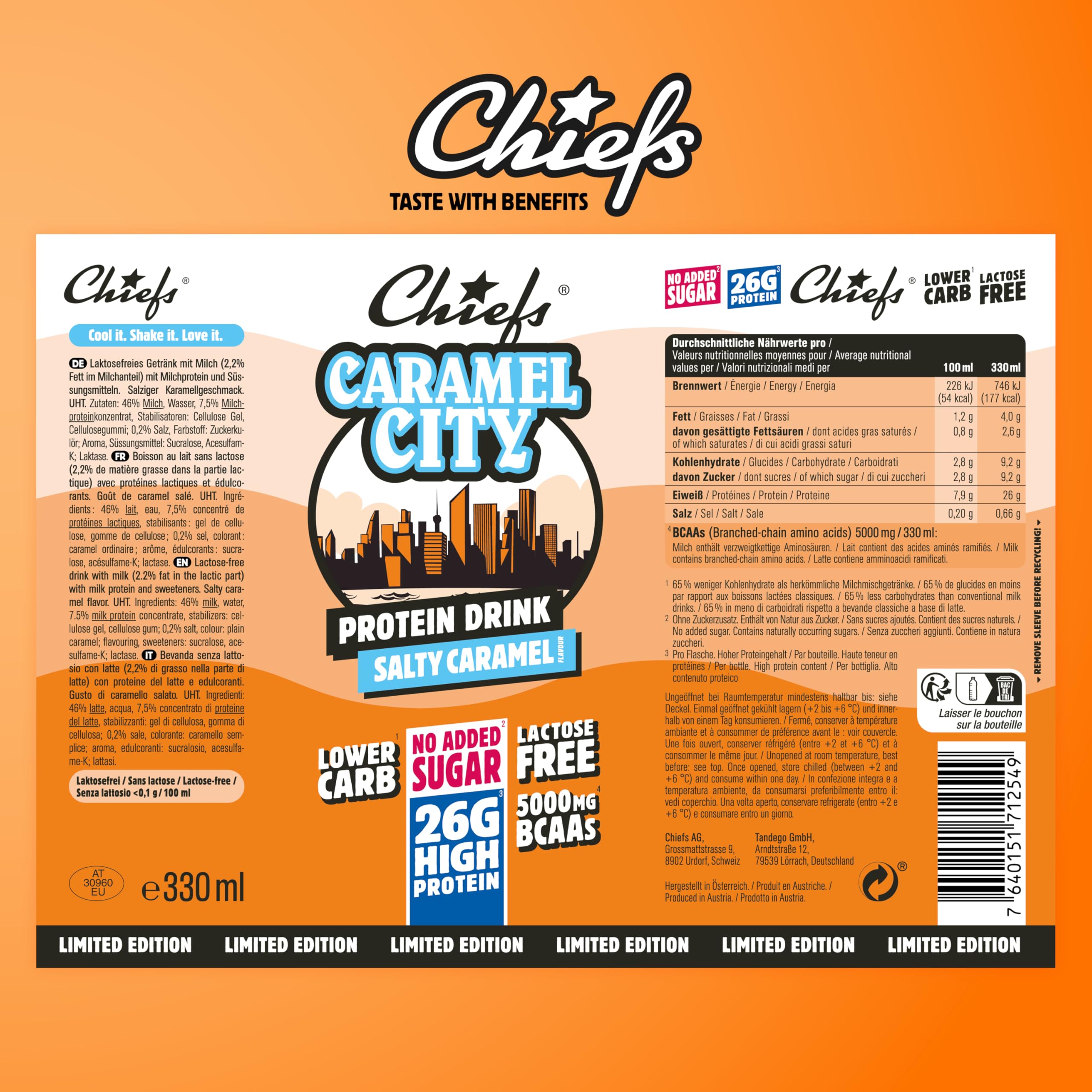 Chiefs Drink di Proteine, Bevanda Proteica al Caramello, Senza Lattosio, Senza Grassi e Zuccheri Aggiunti, 8 confezioni x 330ml