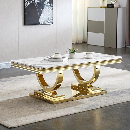 Vista 22 de Henf Mesa consola de mármol sintético, mesa de entrada de mármol blanco de lujo con base de acero inoxidable con espejo dorado, elegante mesa