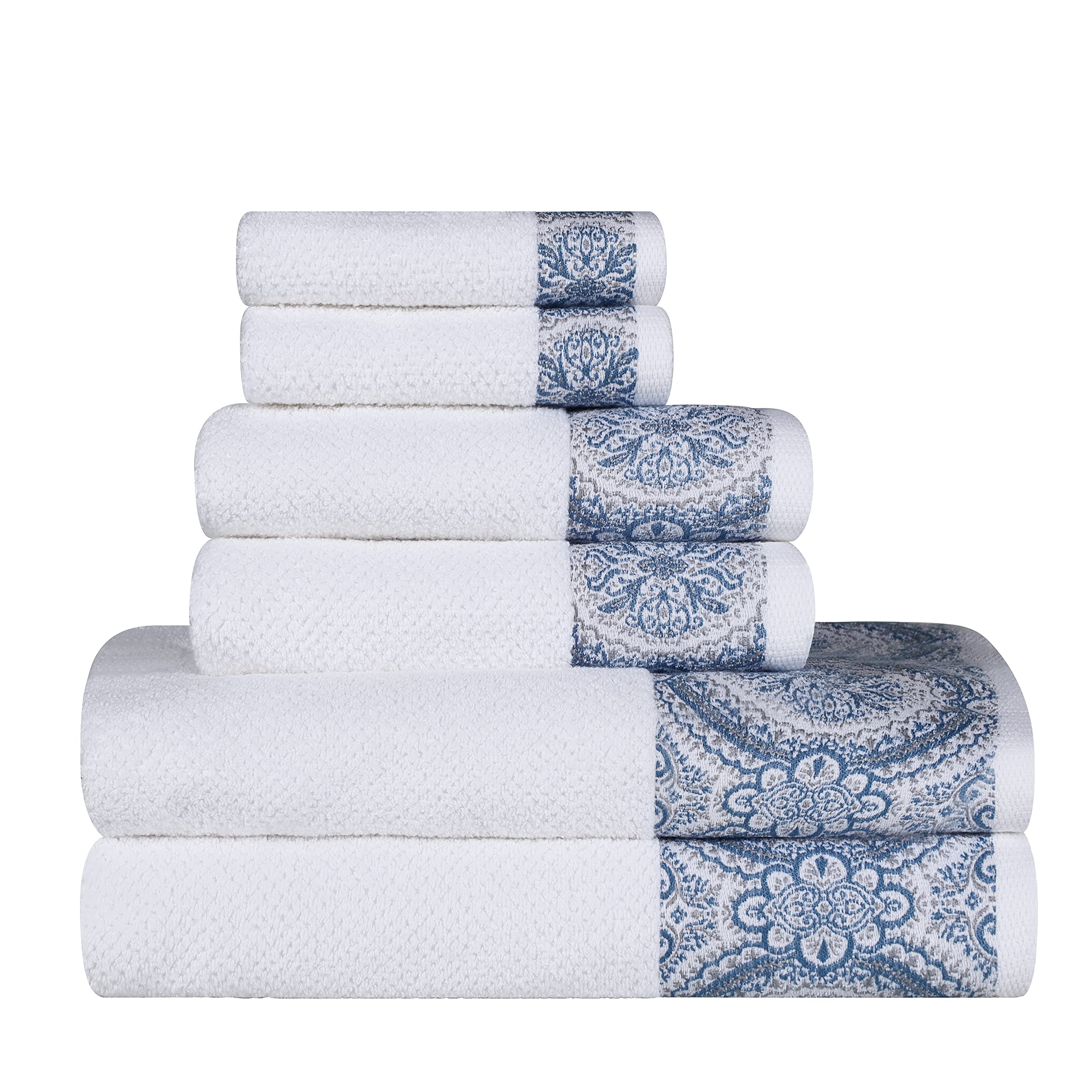 BNM Medallion Cotton 6 Piece Towel Set, Highly Absorbent, Textured, Quick-Dry, Shower, Spa Basics, Solid White, Color Border, Includes 2 Bath Towels,
