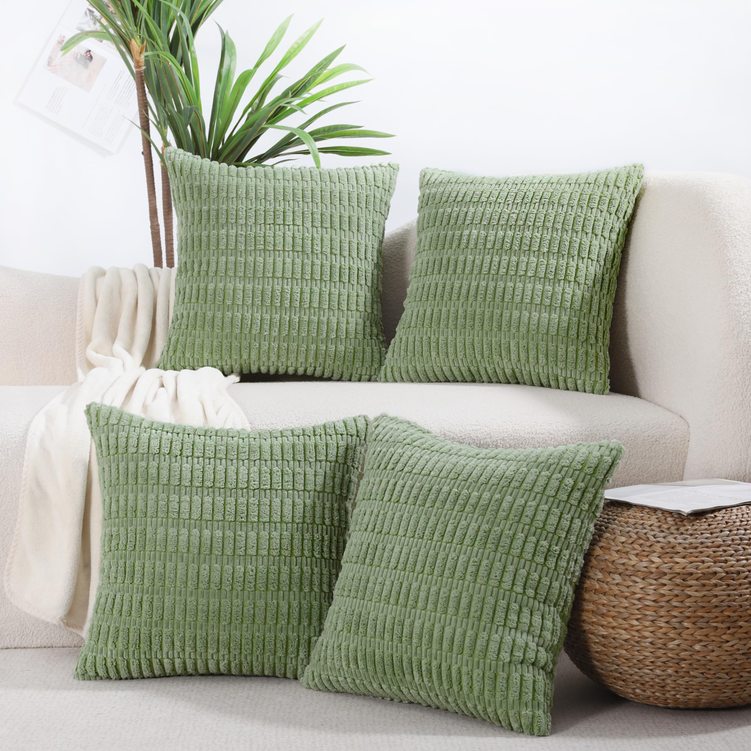 All Smiles Decorative Sage Green Throw Pillow Covers 16x16 Set of 4 Farmhouse Rustic Boho Home Decor Soft Plush Striped Corduroy Square Cushion Case for Living Room Couch Bed Sofa — image 1