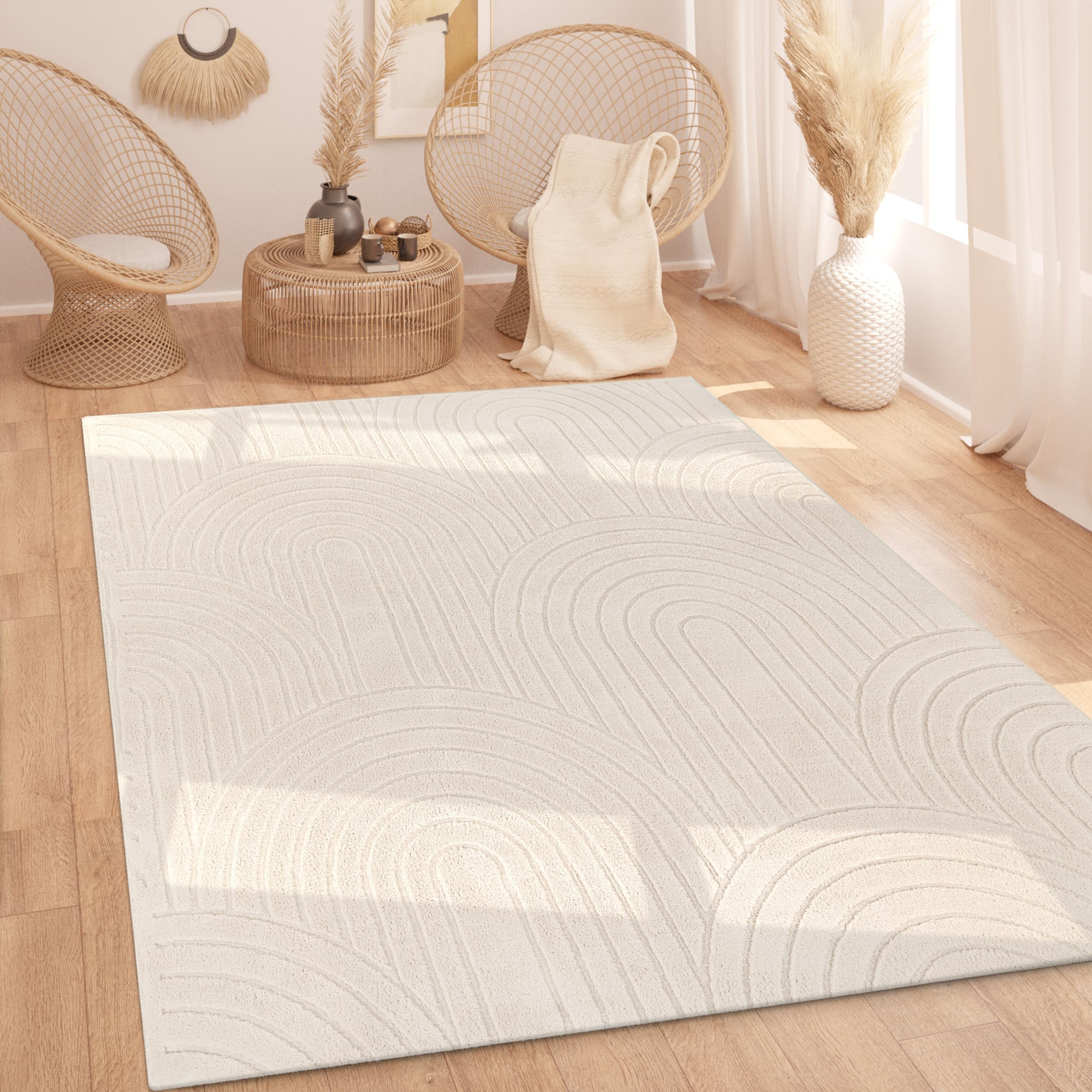 Paco Home Alfombra Salon De Habitacion Pelo Largo Motivo Nordica Motivo Boho Chic Arcoíris Lavable Beige Crema, tamaño:200x280 cm