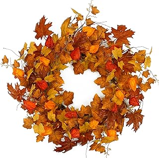 22 inch Artificial Fall Wreath Maple Leaf Wreath with Cape Gooseberry for Front Door Indoor Outdoor Farmhouse Home Wall Window Festival Wedding Decor