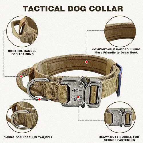 Miniatura 2 de Collar militar para perro, nailon ajustable, hebilla de metal resistente con asa, incluye funda para Airtags y parches, marrón, XL, adecuado para