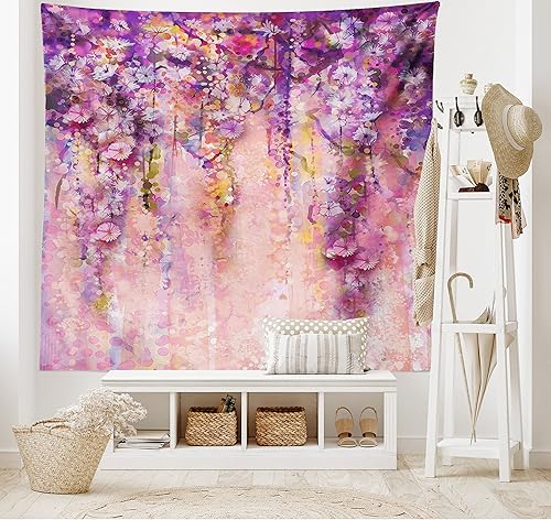 Ambesonne Tapiz de flores de acuarela, árbol de glicina en plena floración romántica primavera sobre fondo de bokeh, colgante de pared ancho para
