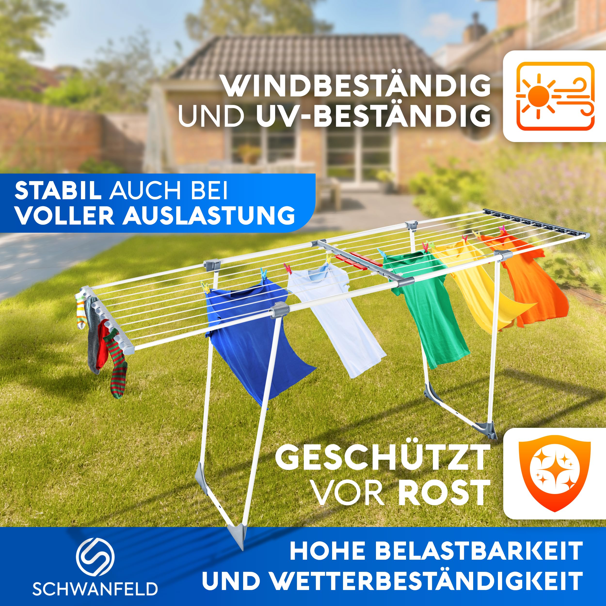 SCHWANFELD® Wäscheständer ausziehbar [20M TROCKENLÄNGE] - wäscheständer hoch - Premium Wäschetrockner Ständer - Faltbarer Wäsche Ständer XXL - ausziehbarer wäscheständer - Standtrockner rutschfest
