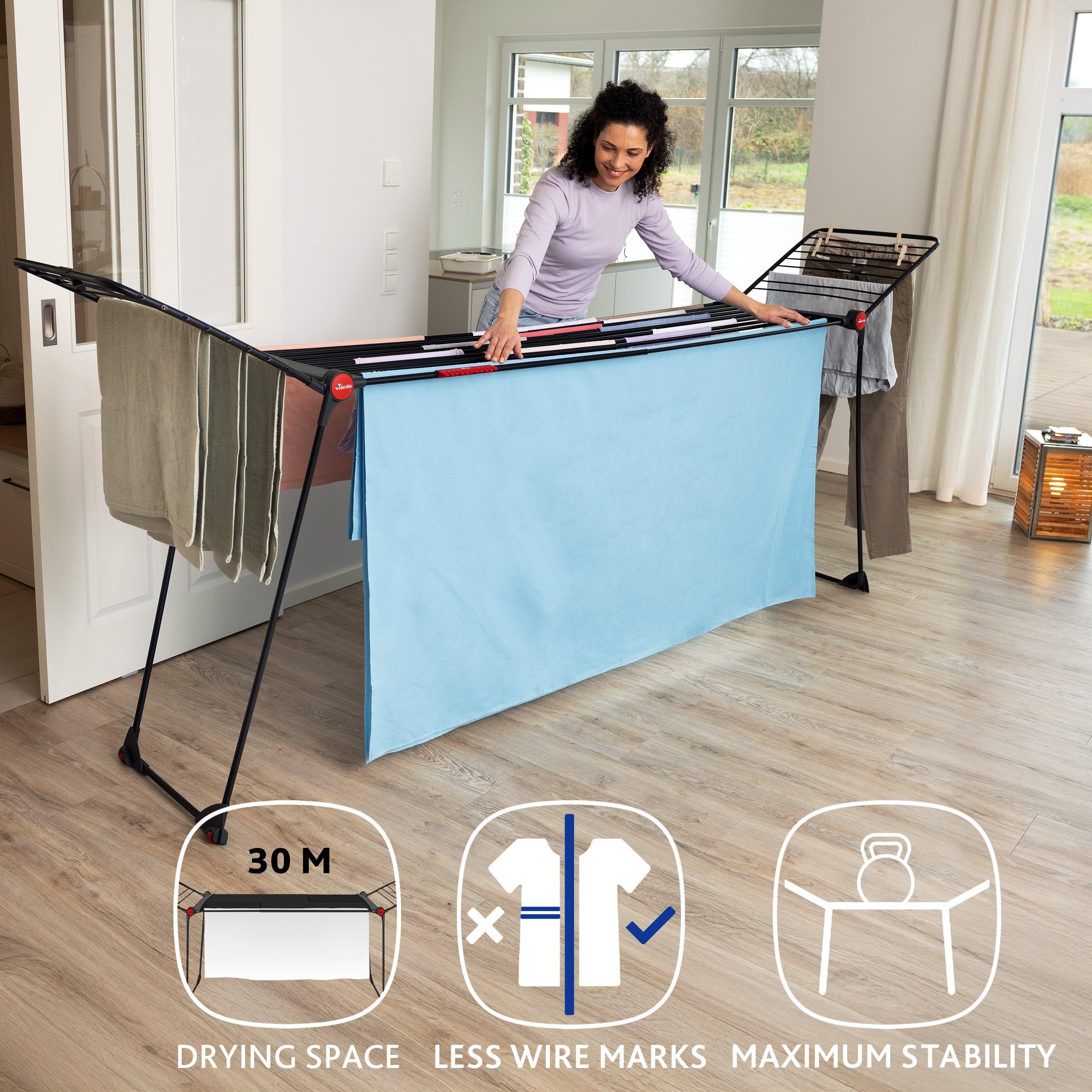 Vileda Infinity Flex Ultimate | stendibiancheria di grandi dimensioni | 30mt di stenditura | griglia telescopica estensibile fino a 2mt | ali alte | stendibiancheria già assemblato