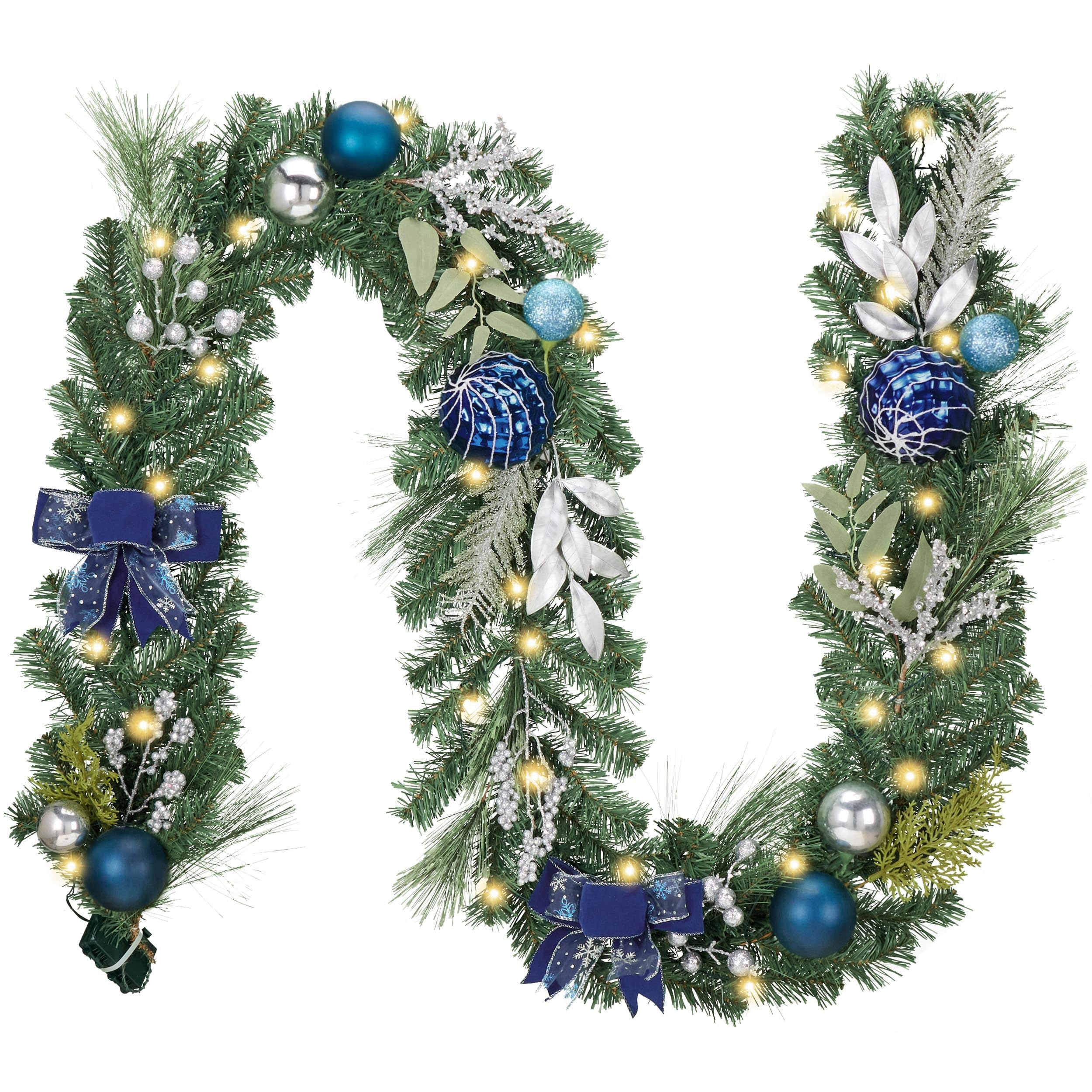 Valery Madelyn 9 feet Pre-Lit Christmas Garland with Light for Mantle, Lighted Battery Operated Xmas Garland with Silver Blue Balls for Front Door Fireplace Table Centerpiece Outdoor Window Home Decor