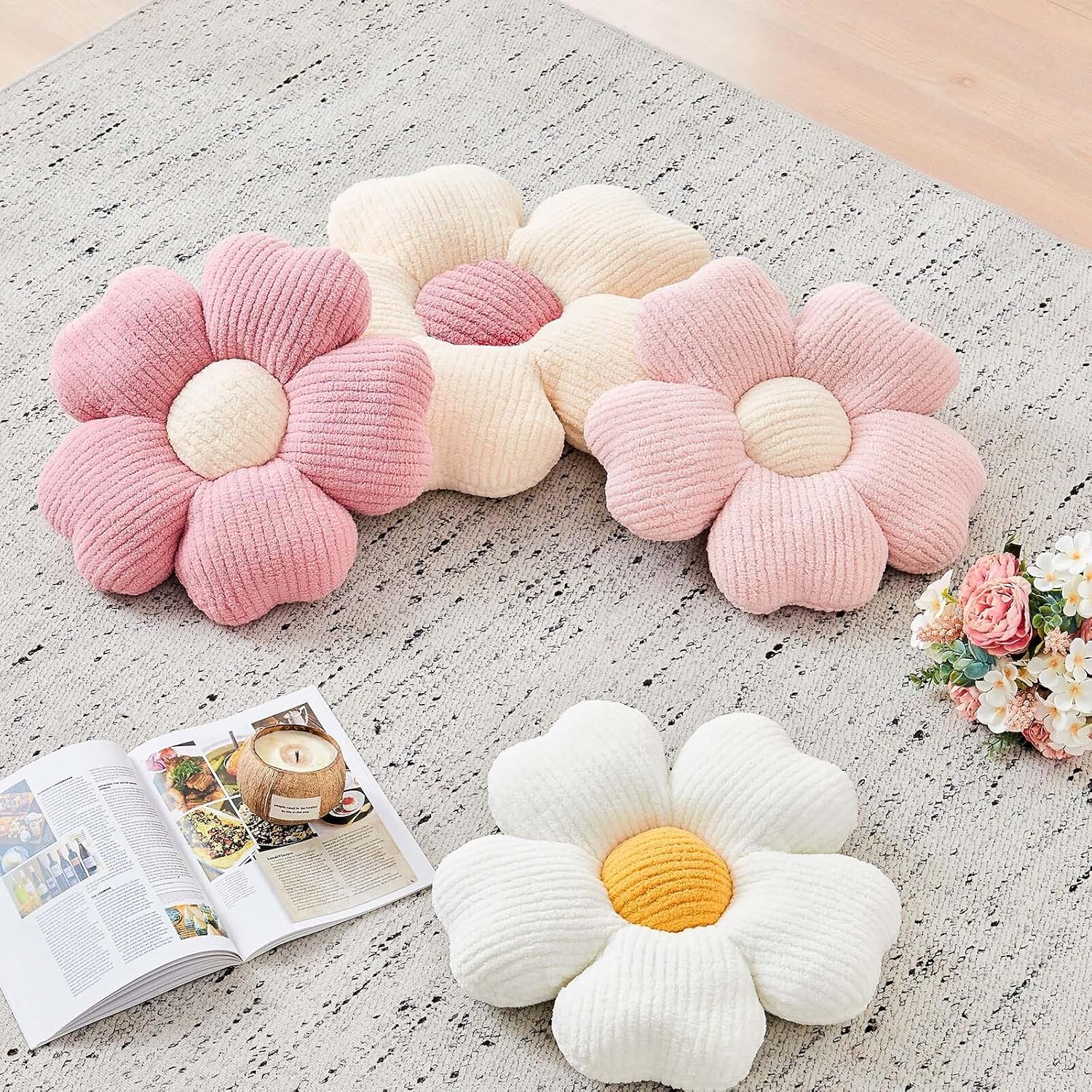 Flower Throw Pillow, Cute Flower Shaped Pillow Decorative Throw Pillow for Bed Couch, Soft Daisy Pillows Floor Seating Cushion Cushions (14.9 Inch Ivory+Pink) - Image 5