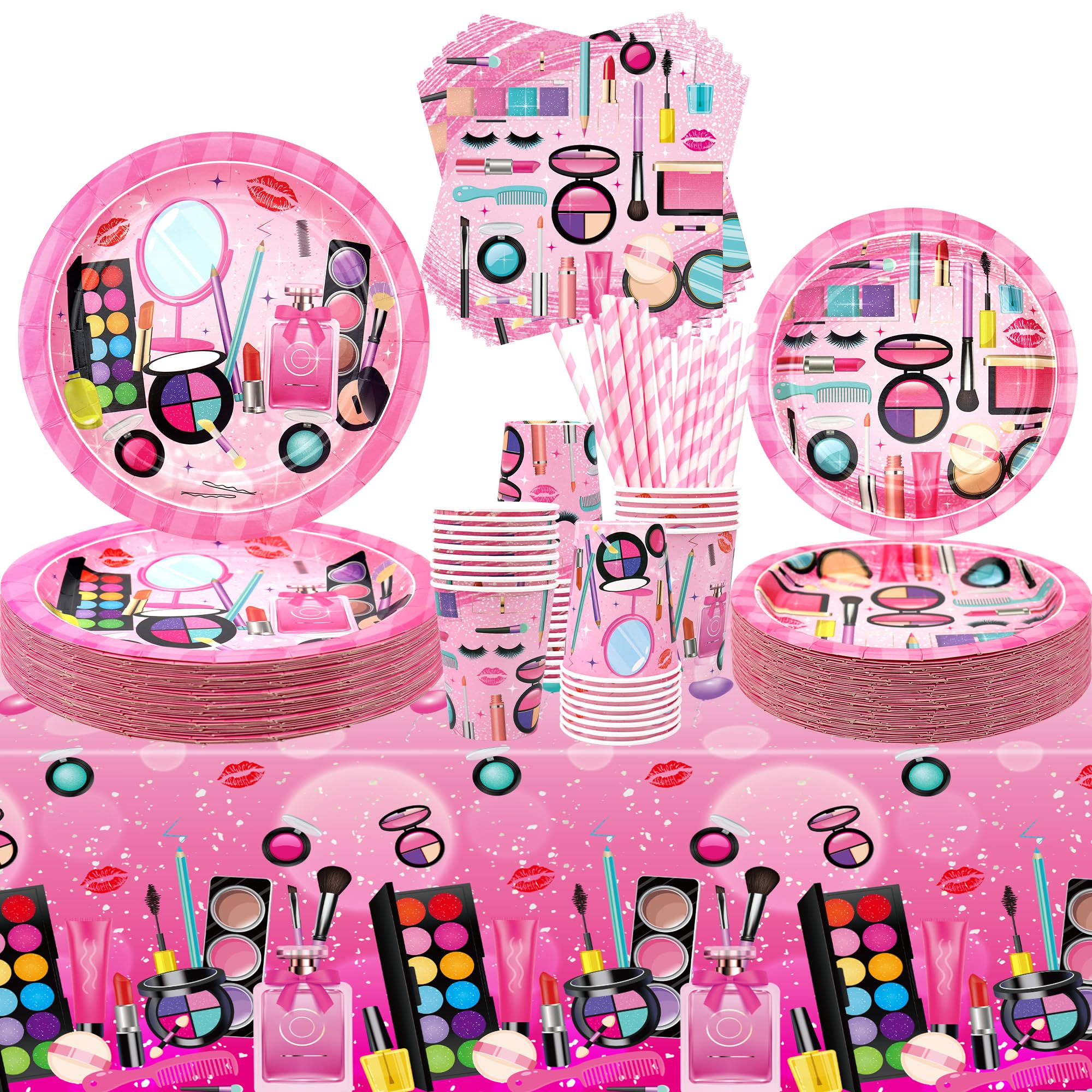 Spa Party Supplies - Serves 40, Makeup Theme Party Tableware - Dinner Plates Desserts Plates Cups Napkins Spa Makeup Tablecover Straws for Girls Women Slumber Pamper Spa Birthday Party Decoration (40)