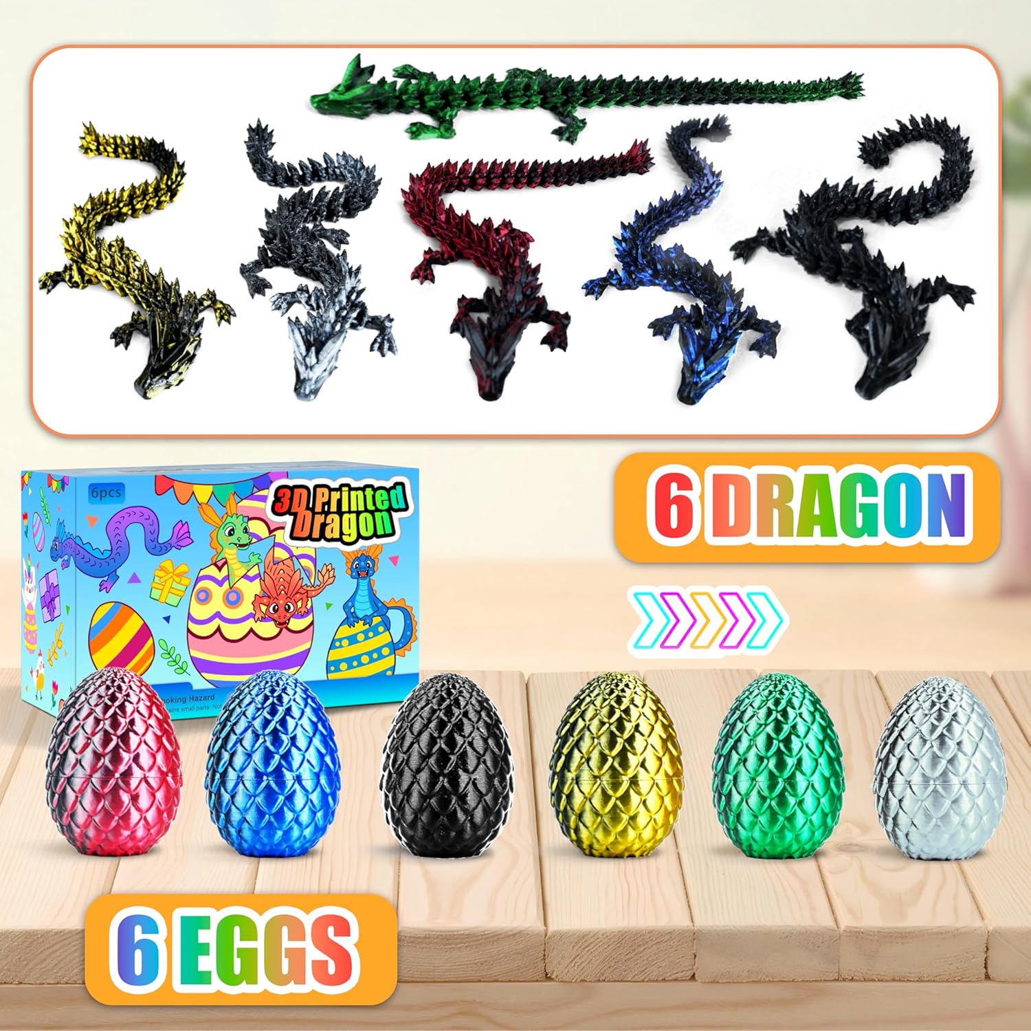 6PCS 3D Printed Easter Dragon Eggs with 3D Printed Dragon Inside, Easter Basket Stuffers Mini Articulated Crystal Fidget Toy for Adults Teens