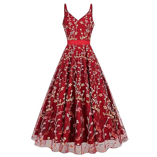 Long Floral Embroidery Dress for Women Flower Embroidered Maxi Dress Spaghetti Straps Formal Evening Party Tulle Prom Dress