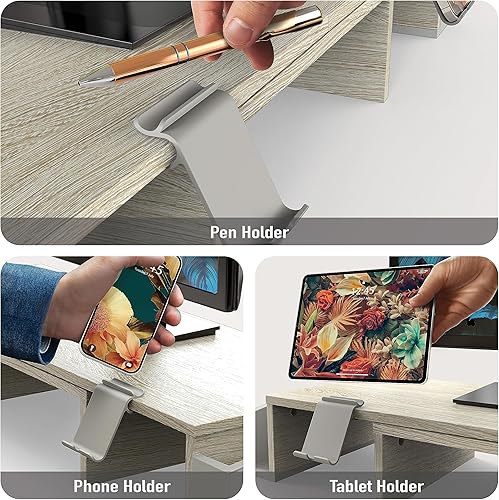 Miniatura 4 de Simple Houseware Soporte elevador de escritorio para monitor doble con cajón, arce