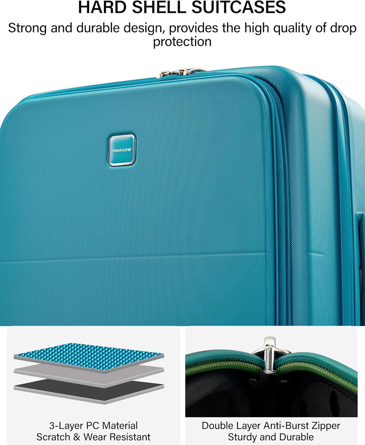 Hanke 20 Inch Expandable Carry On Luggage with Cup Holder 22x14x9 Airline Approved, Top Opening Hard Shell Suitcases with Wheels, Carry-On Travel Suitcase Trunk Luggage with Lock, Caribbean Blue