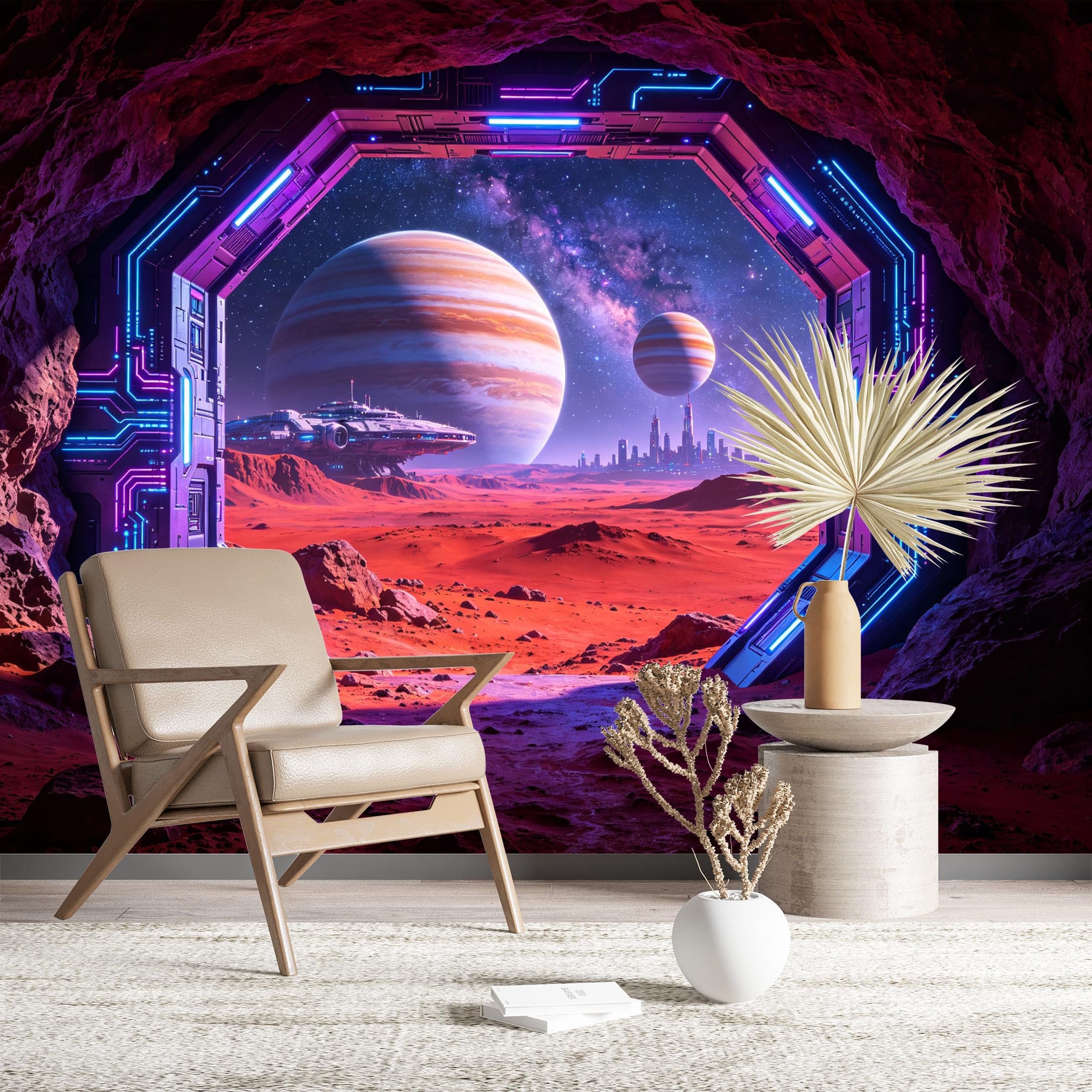 Custom Size Wall Murals Sci-Fi Alien City View Through Cave Portal Vivid Self-Adhesive Wall Fabric (NO PVC) Removable Wallpaper for Game Room Bedroom