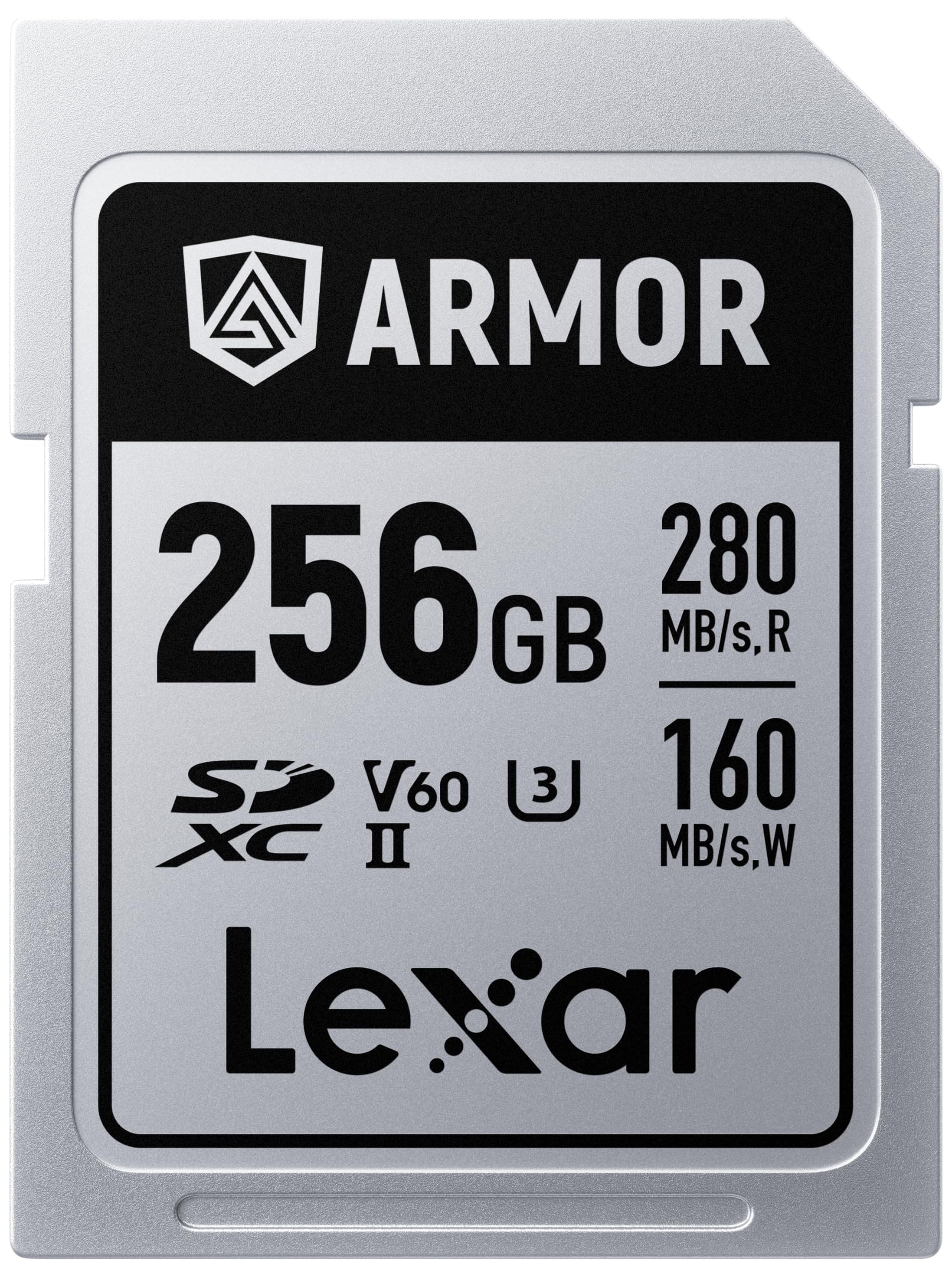 Lexar Tarjeta de Memoria Armor Silver Pro SDXC de 256 GB, UHS-II, C10, U3, V60, 6K UHD, hasta 280 MB/s de Lectura, Acero Inoxidable, para fotógrafos Profesionales, videógrafos, entusiastas