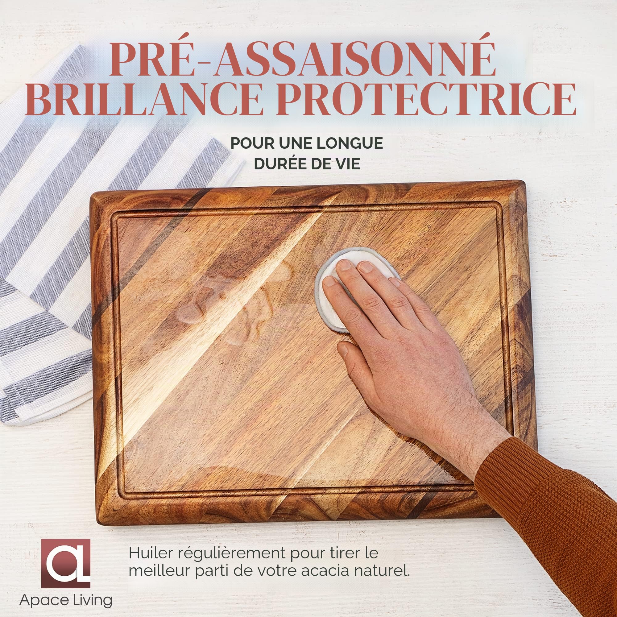 Planche à Découper Bois Contour - Grande Planche a Decouper en Acacia en Bois Durable, avec rainure pour les liquides - Peut être utilisée comme planche de service, 4 compartiments - 43 x 33 x 3,8