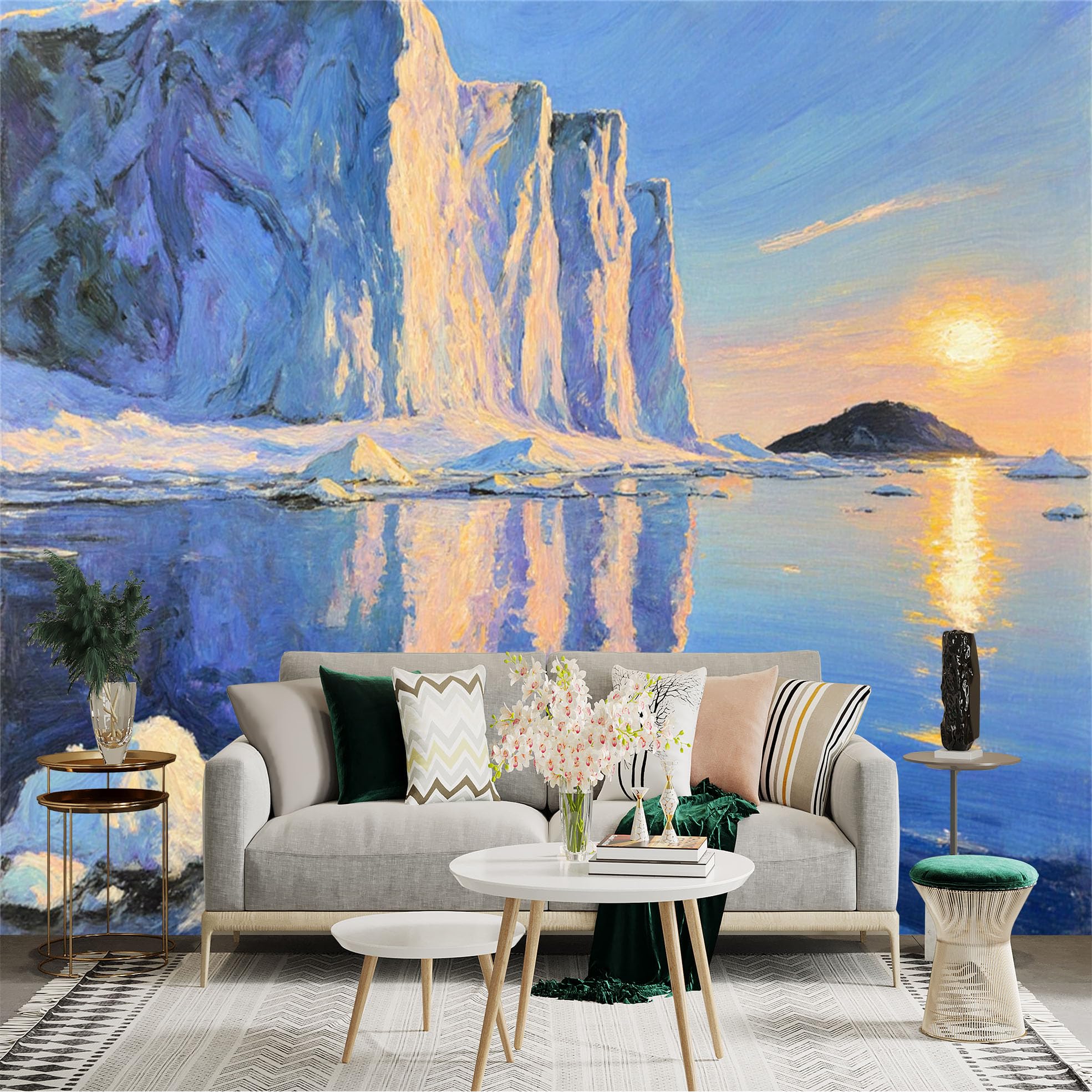 Custom Size Wall Sticker Mural， Arctic Glacier Landscape， Frozen Ocean at Sunset， Snowy Iceberg Scenery， Nature Reflection Art， for wall Decoration， peelandstick wall Decals.