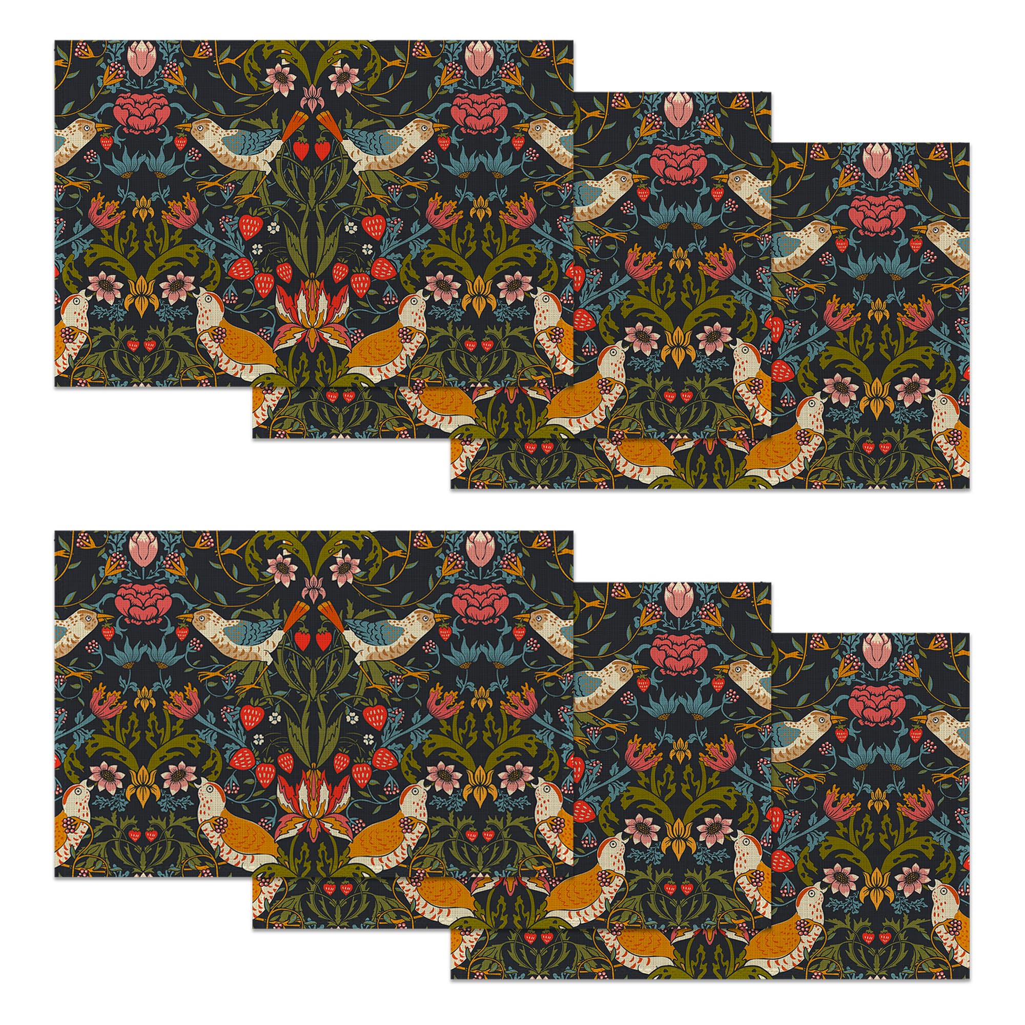 Strawberry Bird Set of 6 Placemats,Flower Leaf Washable Linen Table Mats for Dining Table,Non-Slip Heat Resistant Place Mats for Kitchen,Party or Outdoor Use 12"x18"