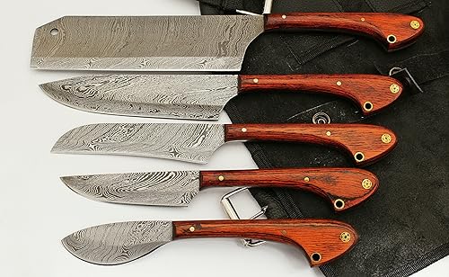 GladiatorsGuild 1033. Set de 5 cuchillos de chef de acero de damasco hechos a mano. Con funda de 5 bolsillosenrollable., Rojo