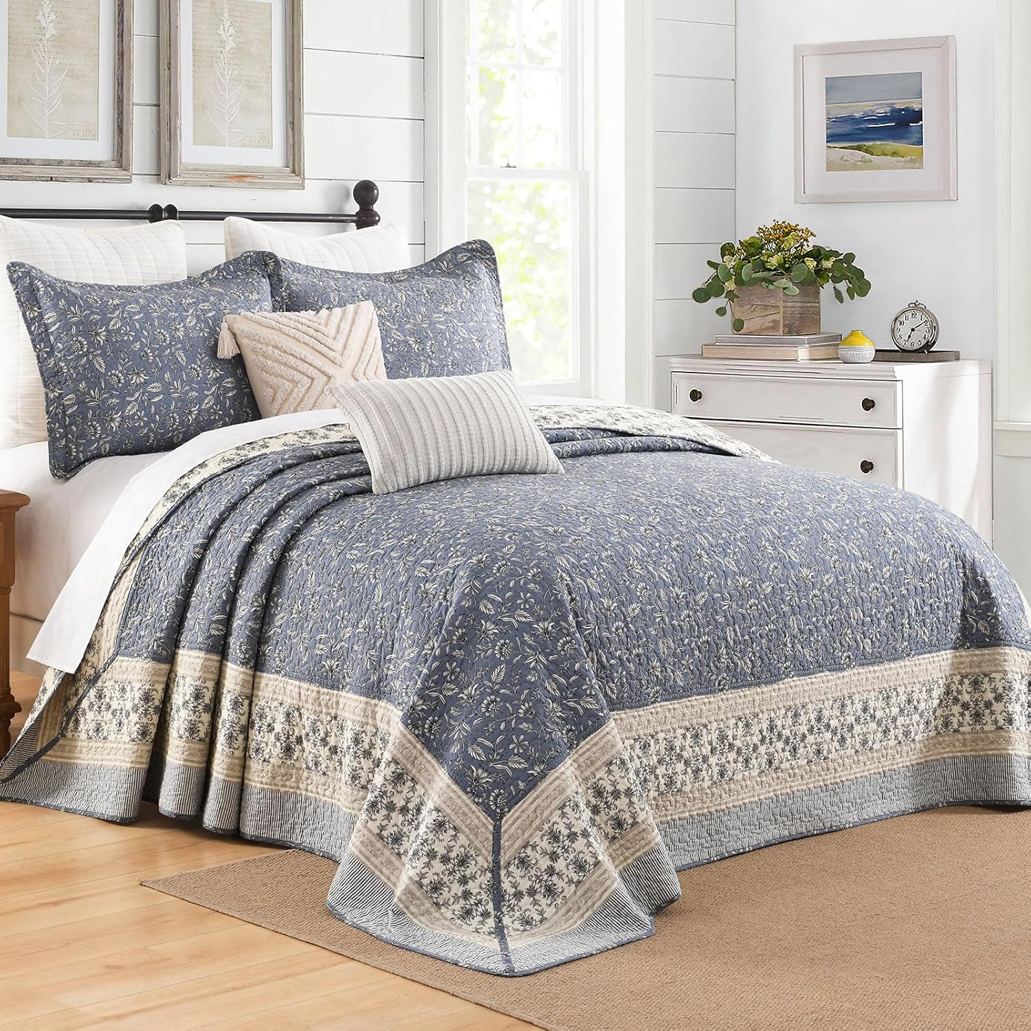 SahSahCasa 100% Cotton 128"x120" Oversized California King XL Bedspread Coverlet Quilt Set, Cal King Quilted Bedspread Extra Large Quilt, Bed Spread Lightweight Comforter, 3pc, Grayish Blue/Beige
