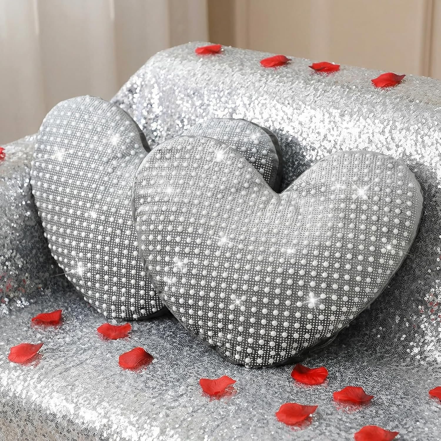 AceOrbit 2 Pcs Rhinestones Heart Pillows with Sparkles Faux Crystal Pearls on Velvet Throw Pillow Silver Glitter Heart Cushion for Wedding Decoration Bed Sofa Mom Birthday Gifts, 13.8 x 11.8 Inch