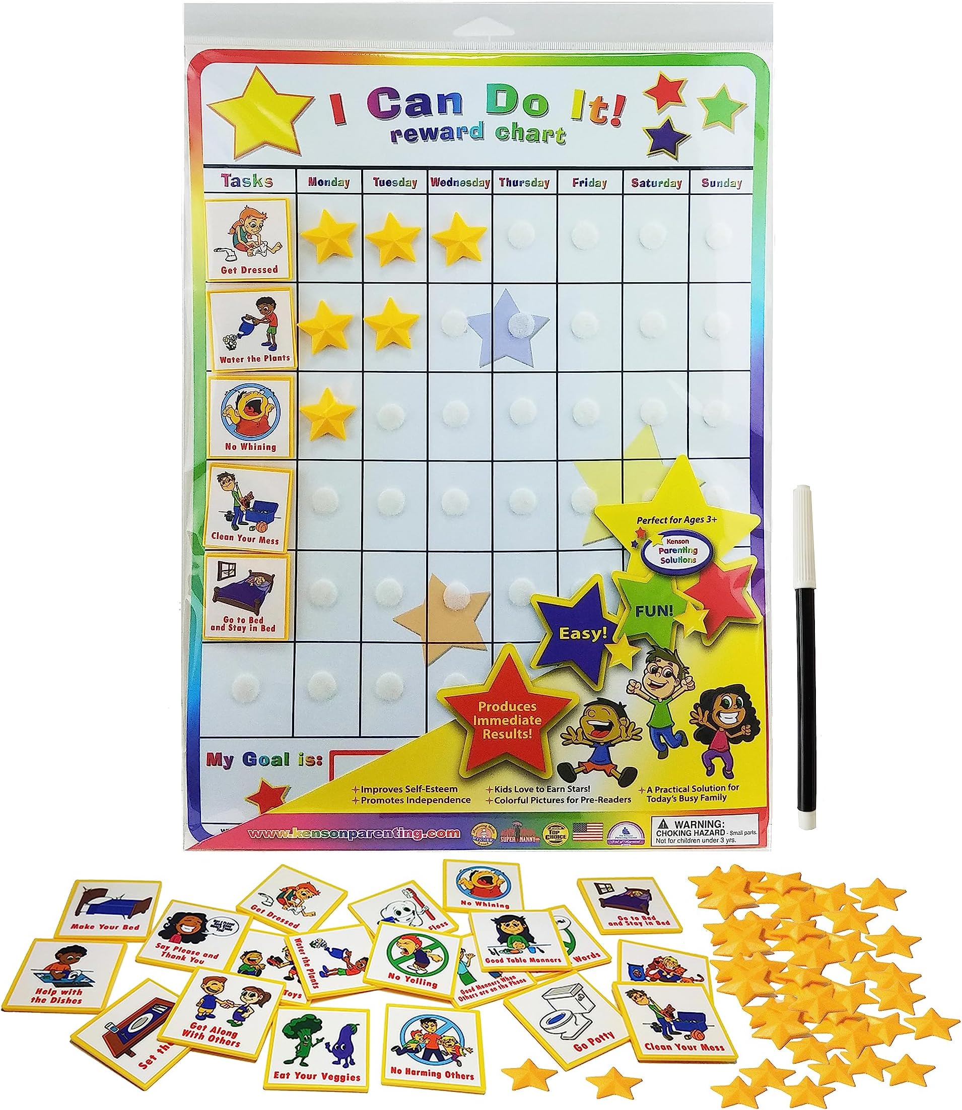 Fun Behavior Reward Chart for Kids – I Can Do It! Chore Chart for Kids with 3D Stars & Tiles – Good-Behavior Chart for Kids at Home or School for Focus, Responsibility, & More by Kenson Kids, 66 Pcs.