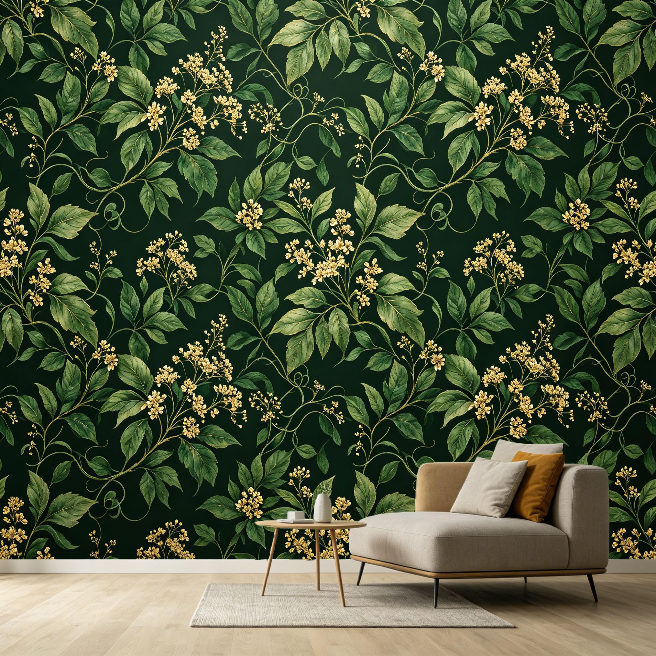 Custom Size Wall Murals Botanical Gold Leaves Vines Dark Green Background Watercolor SelfAdhesive Wall Fabric Removable Large Wallpaper for Photo Living Room